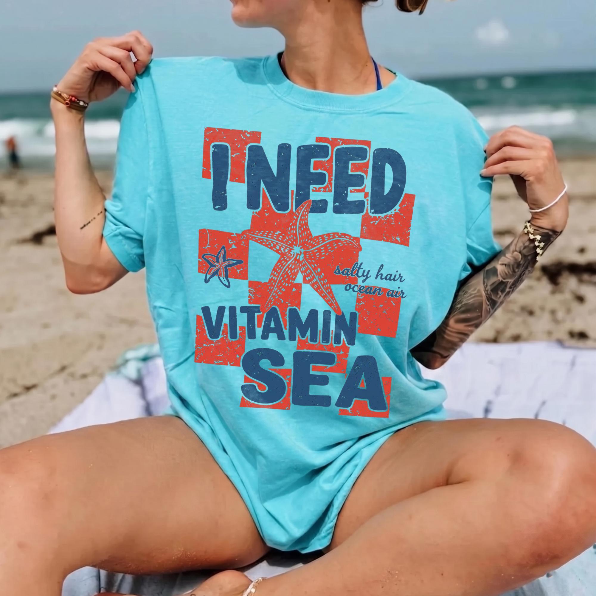 Women's Oversized Round Neck Vitamin Sea Graphic T-Shirt, Streetwear Preppy Coastal Retro Cotton Blend Peach Orange Top with Starfish Checkerboard Print, Beachy Women's T-Shirts for Teens' Summer Vacation 2