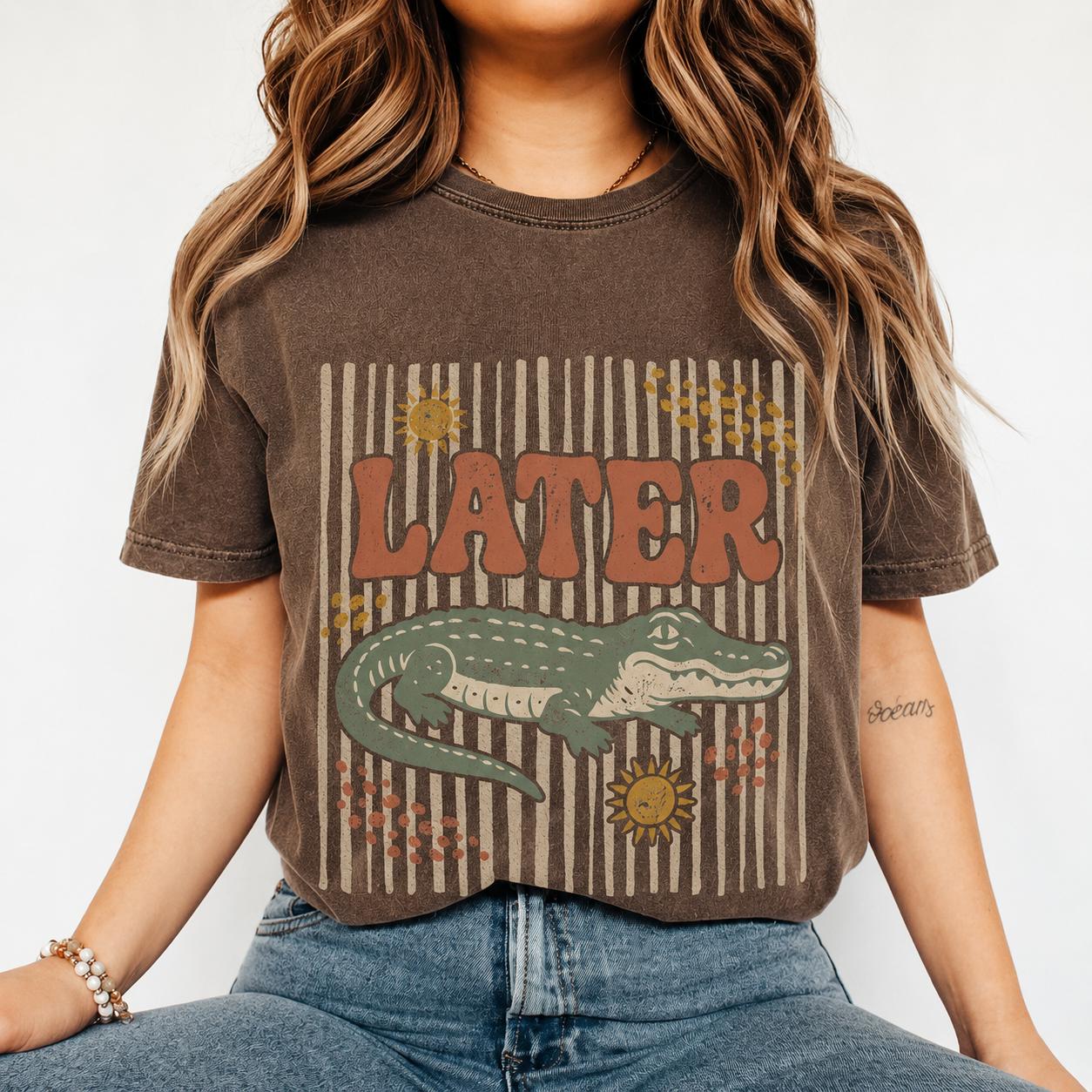 Later Gator Vintage Graphic Print Oversized T-Shirt For Women And Teens Retro Aesthetic Southern Preppy Casual Wear Cream Off White Soft Cotton Blend Crocodile Animal Print Top Fun Novelty Summer Shirt Distressed Y2K Clothing 3