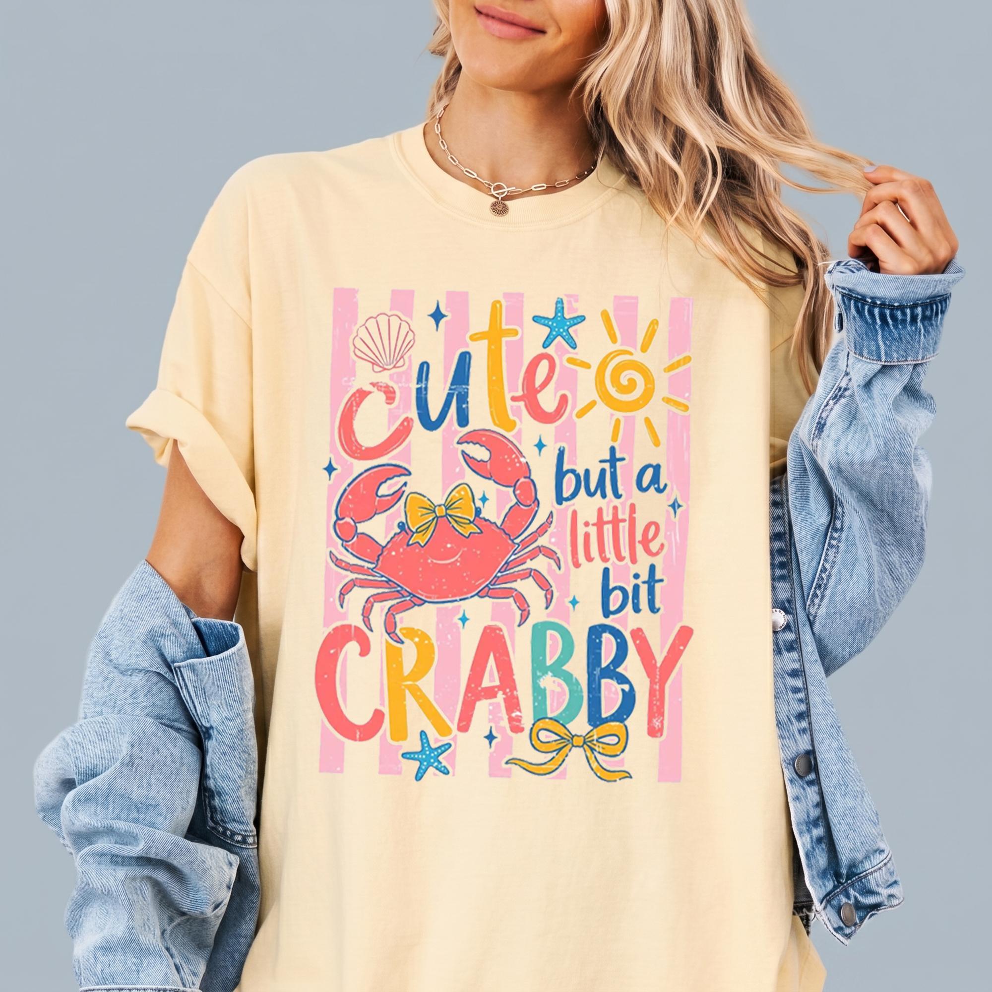 Cute But A Little Bit Crabby Graphic T-Shirt For Women Coastal Preppy Coquette Summer Beach Vacation Retro Aesthetic Light Butter Yellow Cotton Blend Casual Cute Crab Summer Shirt Fun Ocean Animal Vacation Tops Tee Womenswear Apparel 2
