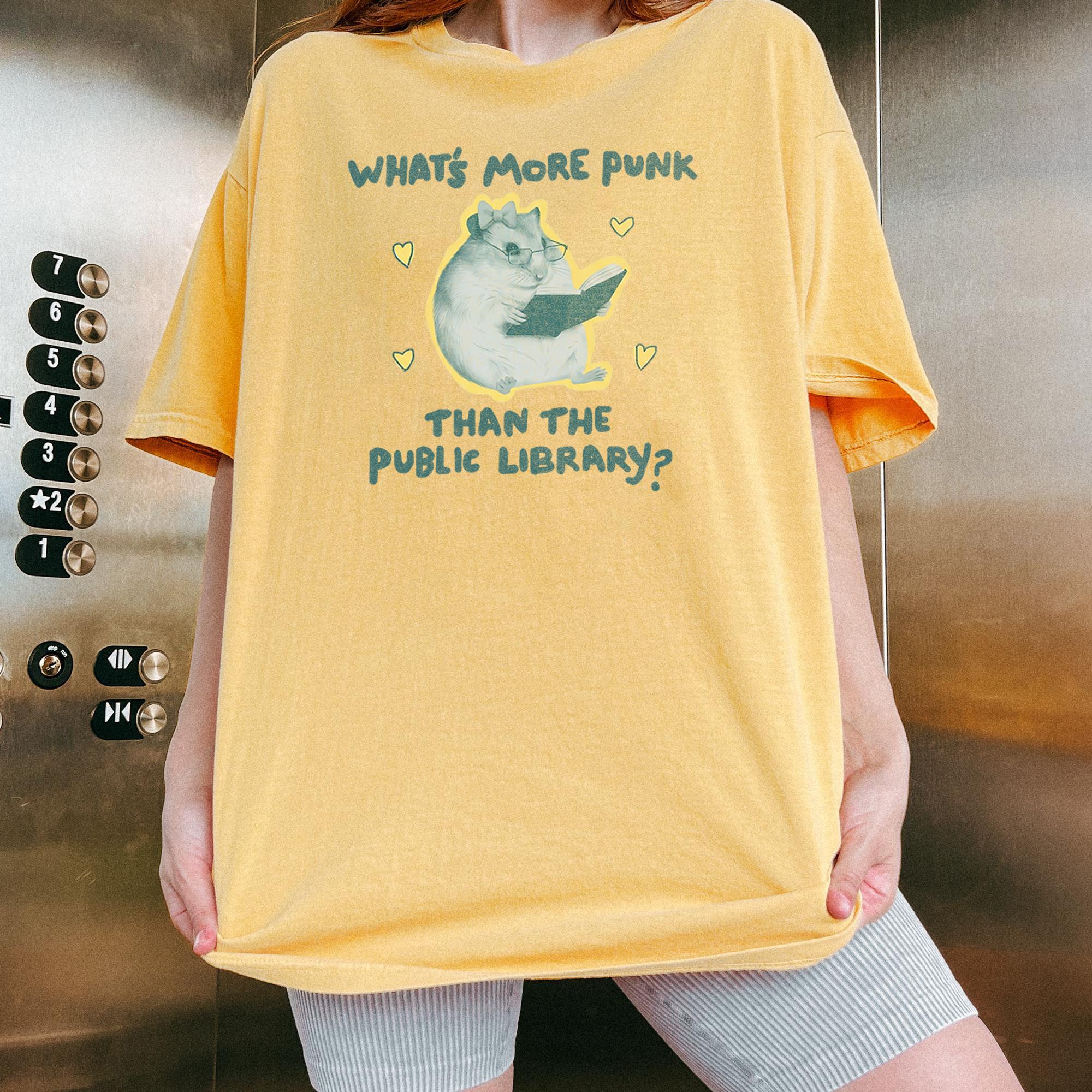 Women's Mustard Yellow Heavyweight Cotton Oversized Graphic T-Shirt - Punk Public Library Meme Design, Vintage Quirky Bookish Aesthetic, For Book Lovers 2
