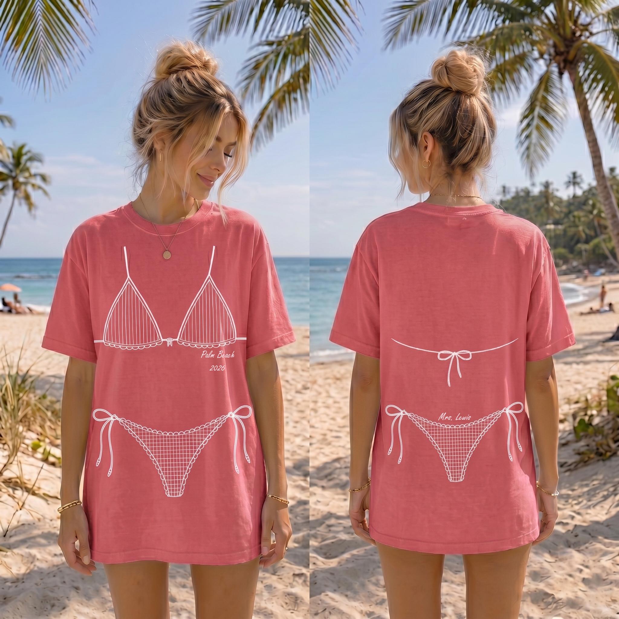 Custom Bikini Body Illusion Graphic Oversized T-Shirt Beach Cover Up For Women Girls Trip Preppy Bachelorette Aesthetic Pink Cotton Blend Matching Tees Summer Vacation Swimwear Print Mexico Beach 2026 (Pink Mrs Bride) 2