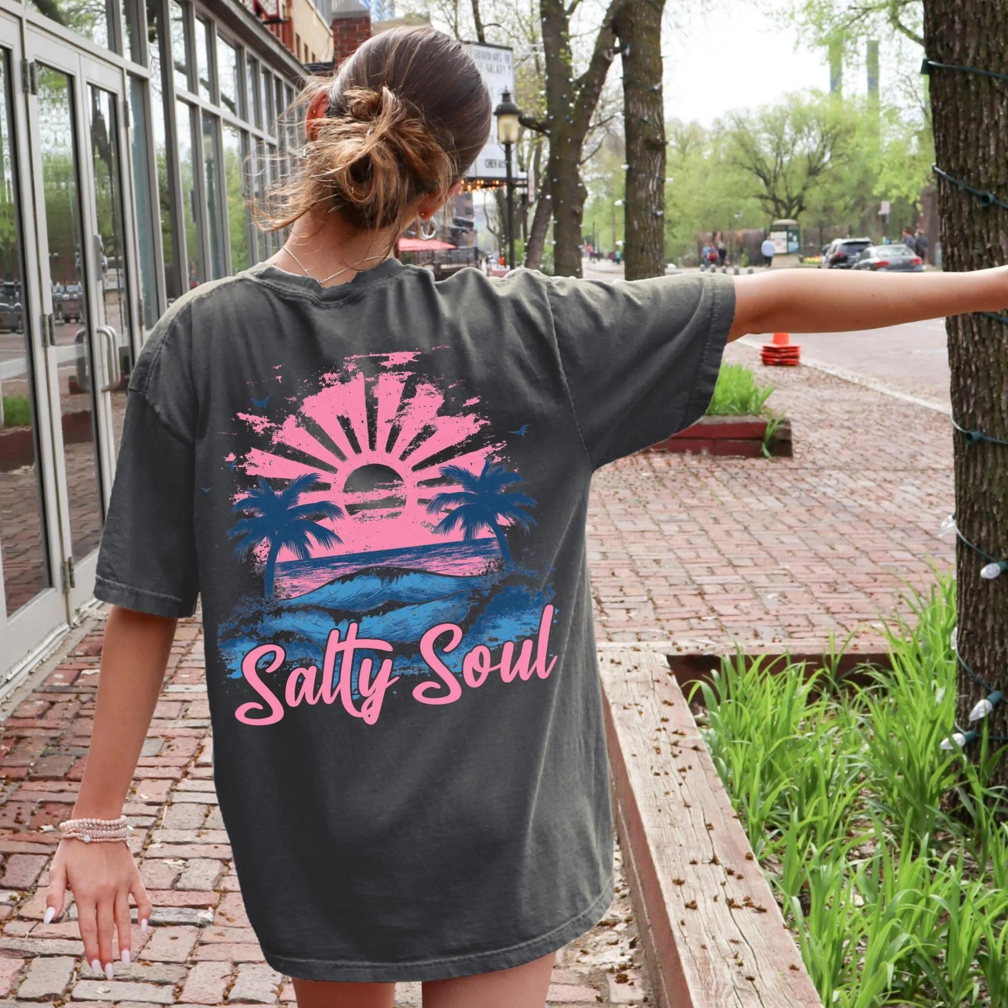 Salty Soul Coastal Tropical Sunset T-Shirt – Pink & Blue Wave Print Top, Aesthetic Surf Life Streetwear, Women’s Summer Essentials Tee 2