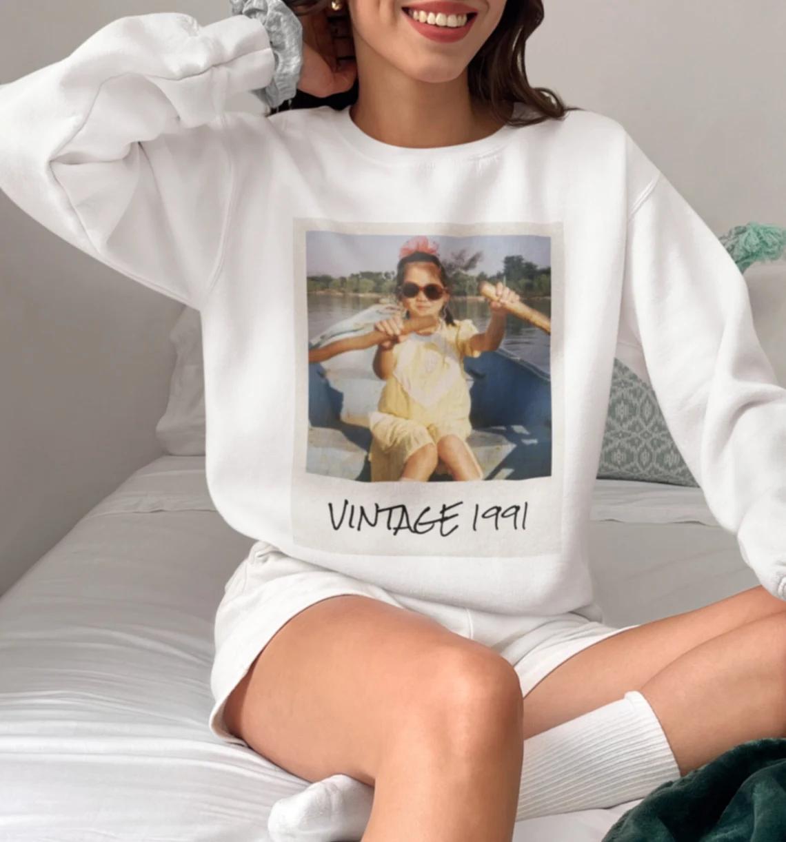 Custom Retro Photo Sweatshirt, Personalized Vintage Year Crewneck, Instant Camera Frame Picture Sweater, Nostalgic Milestone Birthday Gift, Oversized Boyfriend Fit Apparel, Trendy Custom Clothing 2