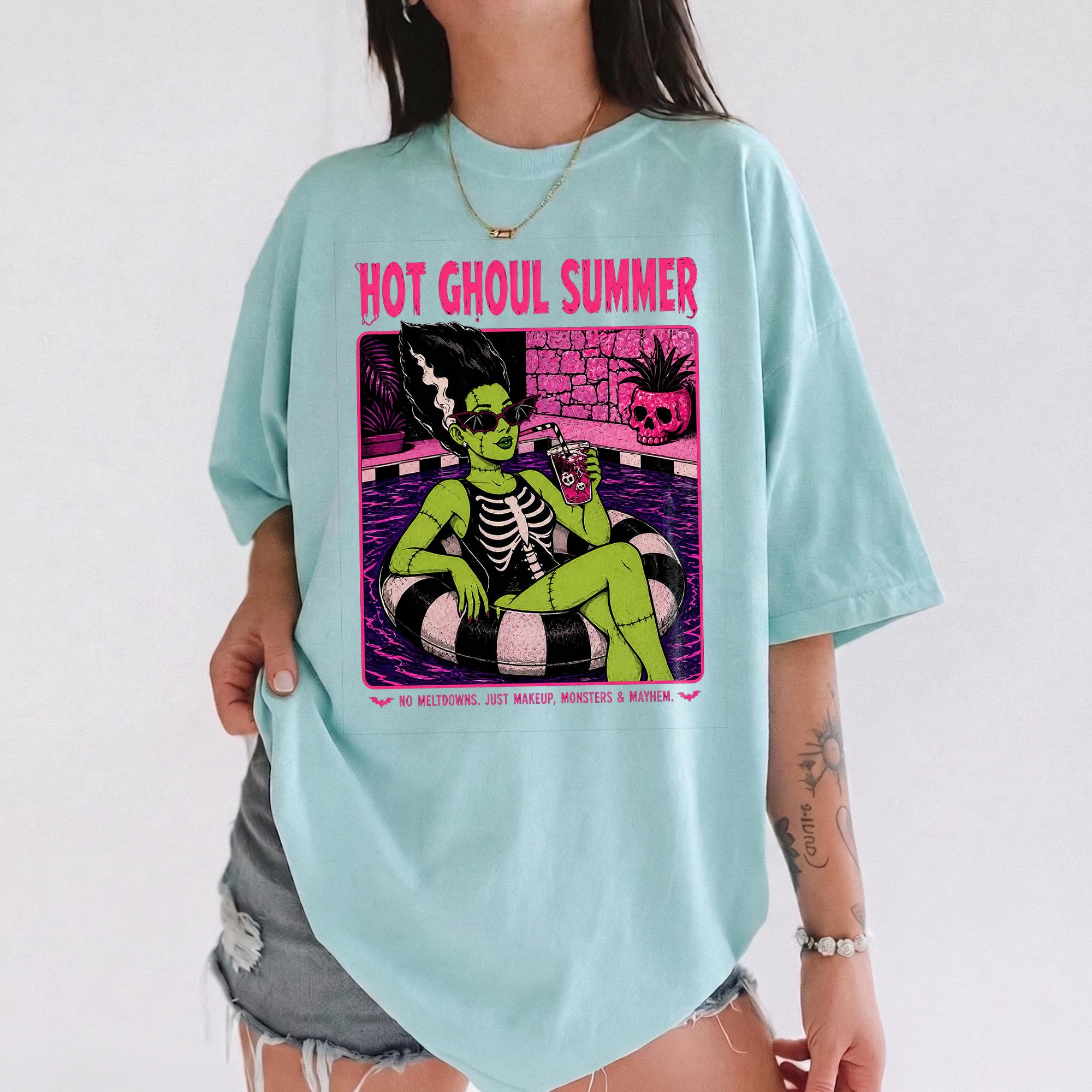 Hot Ghoul Summer Graphic T-Shirt For Women Retro Spooky Season Pastel Goth Aesthetic Cream Cotton Tee Frankenstein Monster Pool Party Pop Art Alt Girl Halloween In July Top Funny Skeleton Swimsuit Spooky Vibes. 4