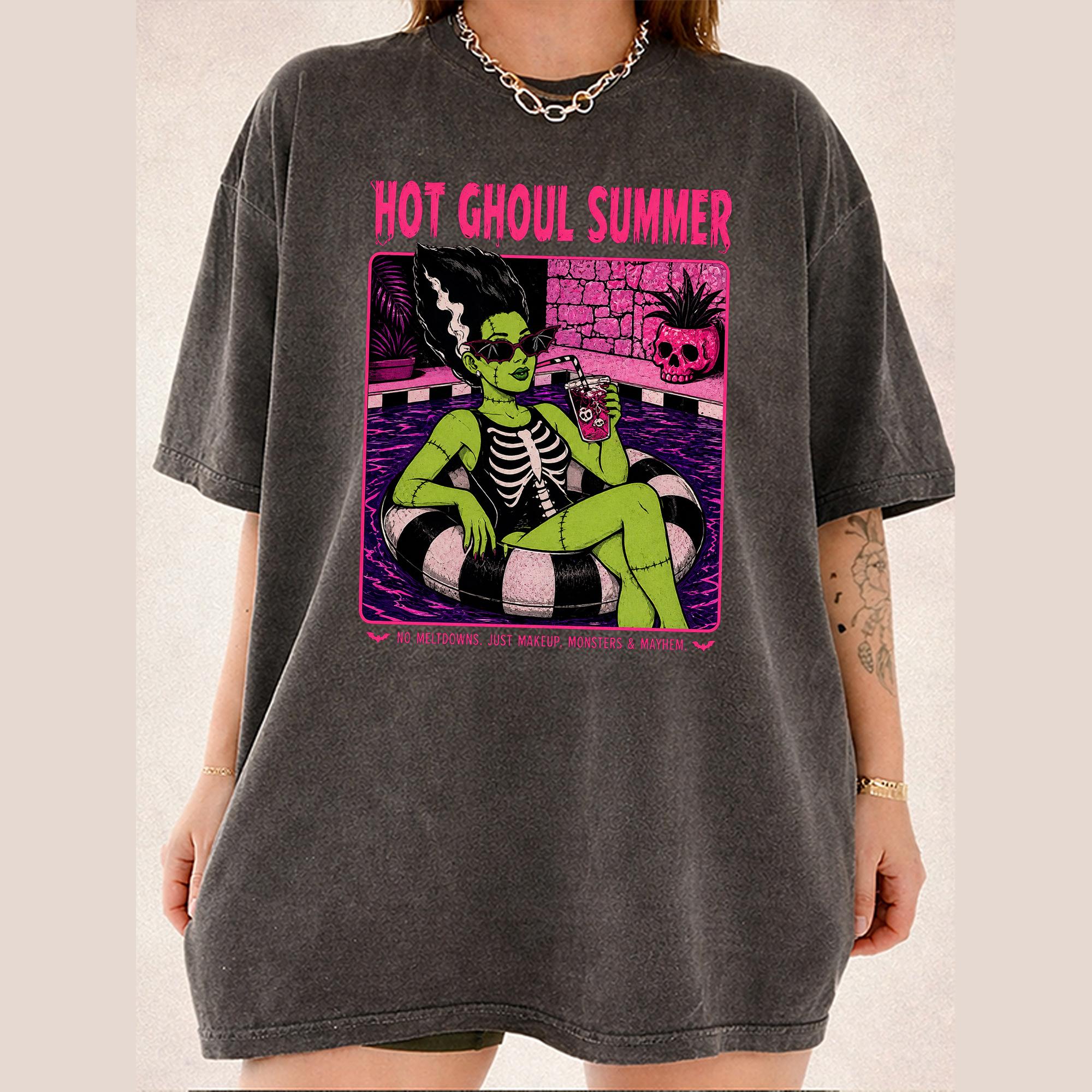 Hot Ghoul Summer Graphic T-Shirt For Women Retro Spooky Season Pastel Goth Aesthetic Cream Cotton Tee Frankenstein Monster Pool Party Pop Art Alt Girl Halloween In July Top Funny Skeleton Swimsuit Spooky Vibes. 3