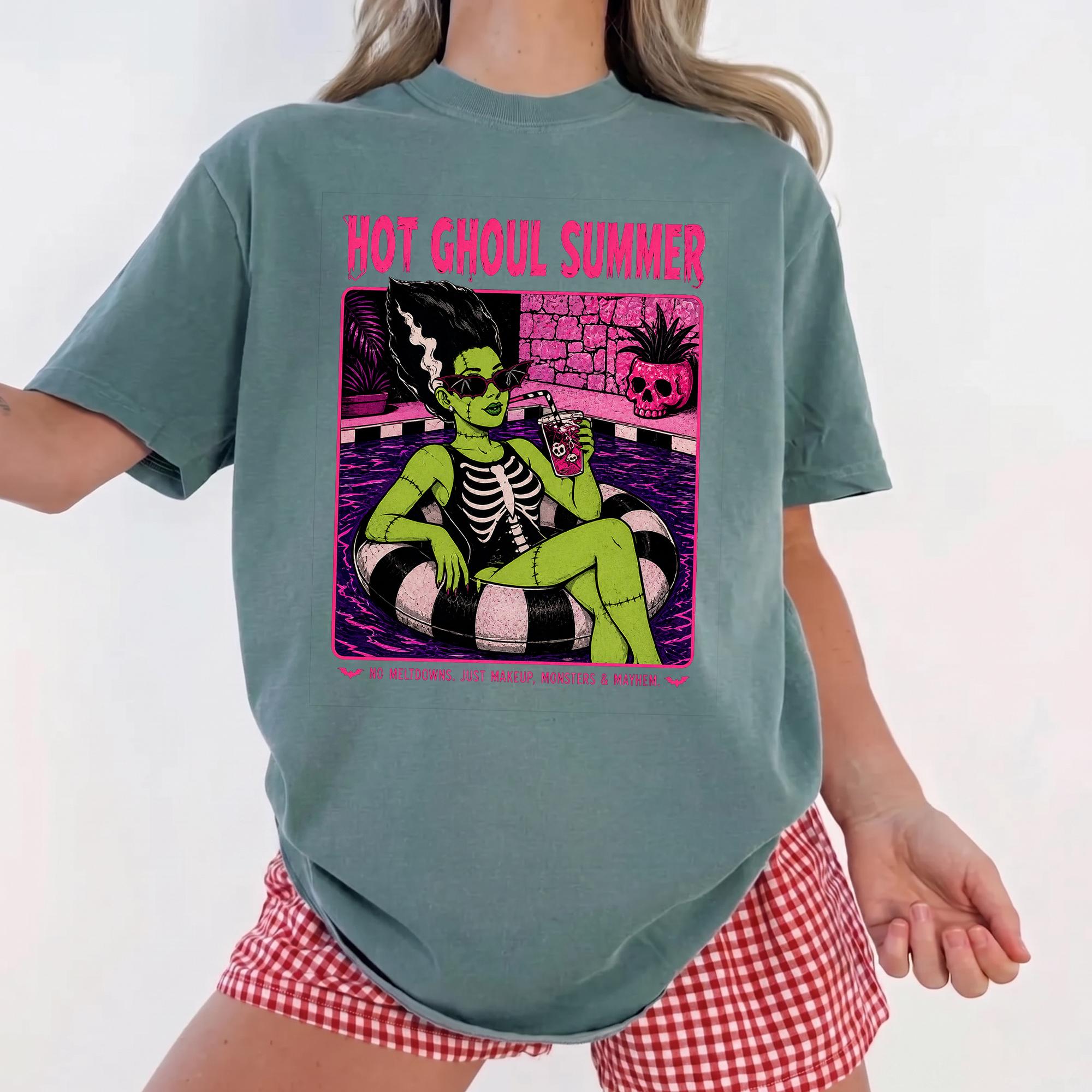 Hot Ghoul Summer Graphic T-Shirt For Women Retro Spooky Season Pastel Goth Aesthetic Cream Cotton Tee Frankenstein Monster Pool Party Pop Art Alt Girl Halloween In July Top Funny Skeleton Swimsuit Spooky Vibes. 2