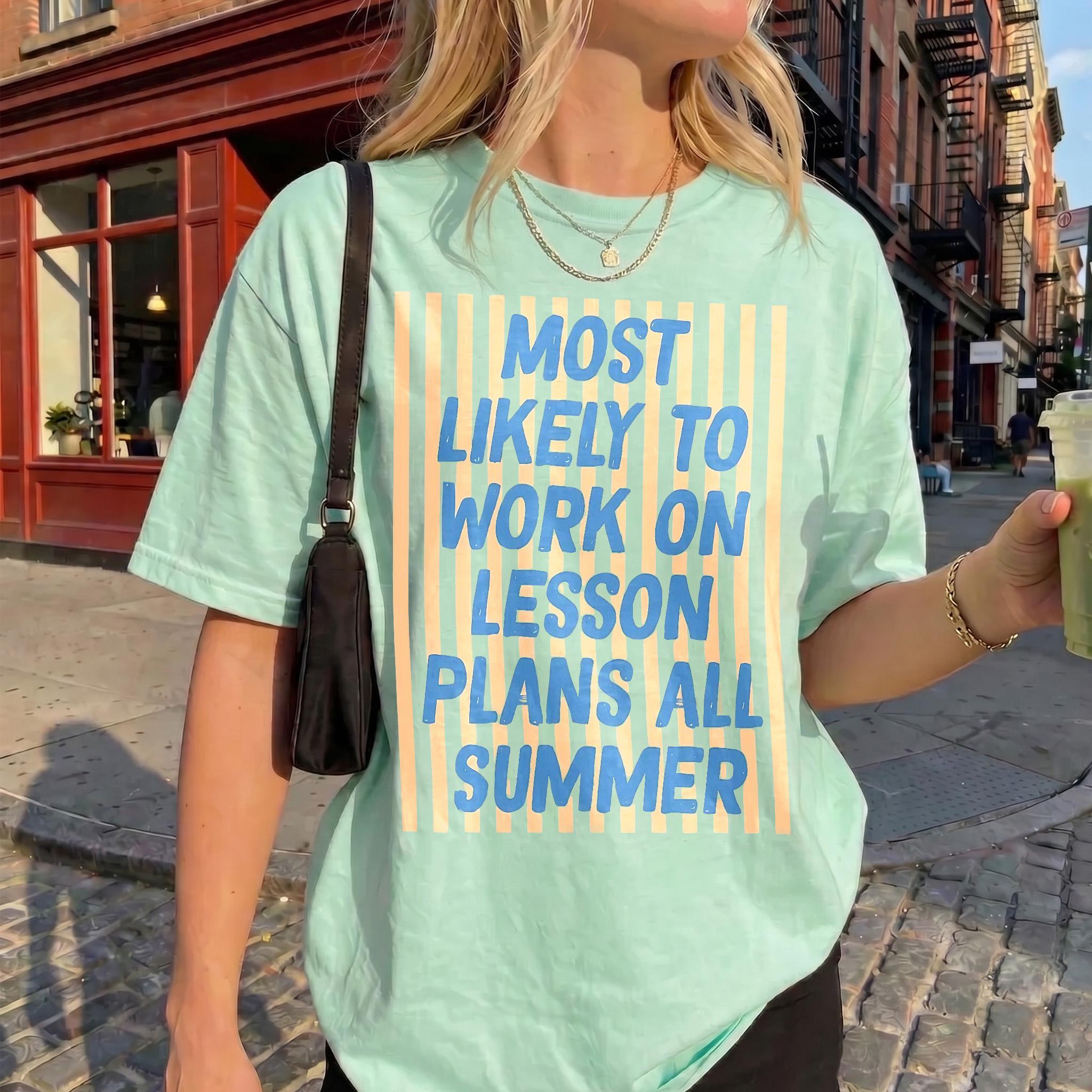 Most Likely To Be At The Pool All Summer Teacher Stripes T-Shirt For Women Casual Preppy Summer Aesthetic Premium Cotton Back To School Apparel Educator Gift Funny Graphic Tee Top Comfortable Relaxed Fit For Everyday Wear 2