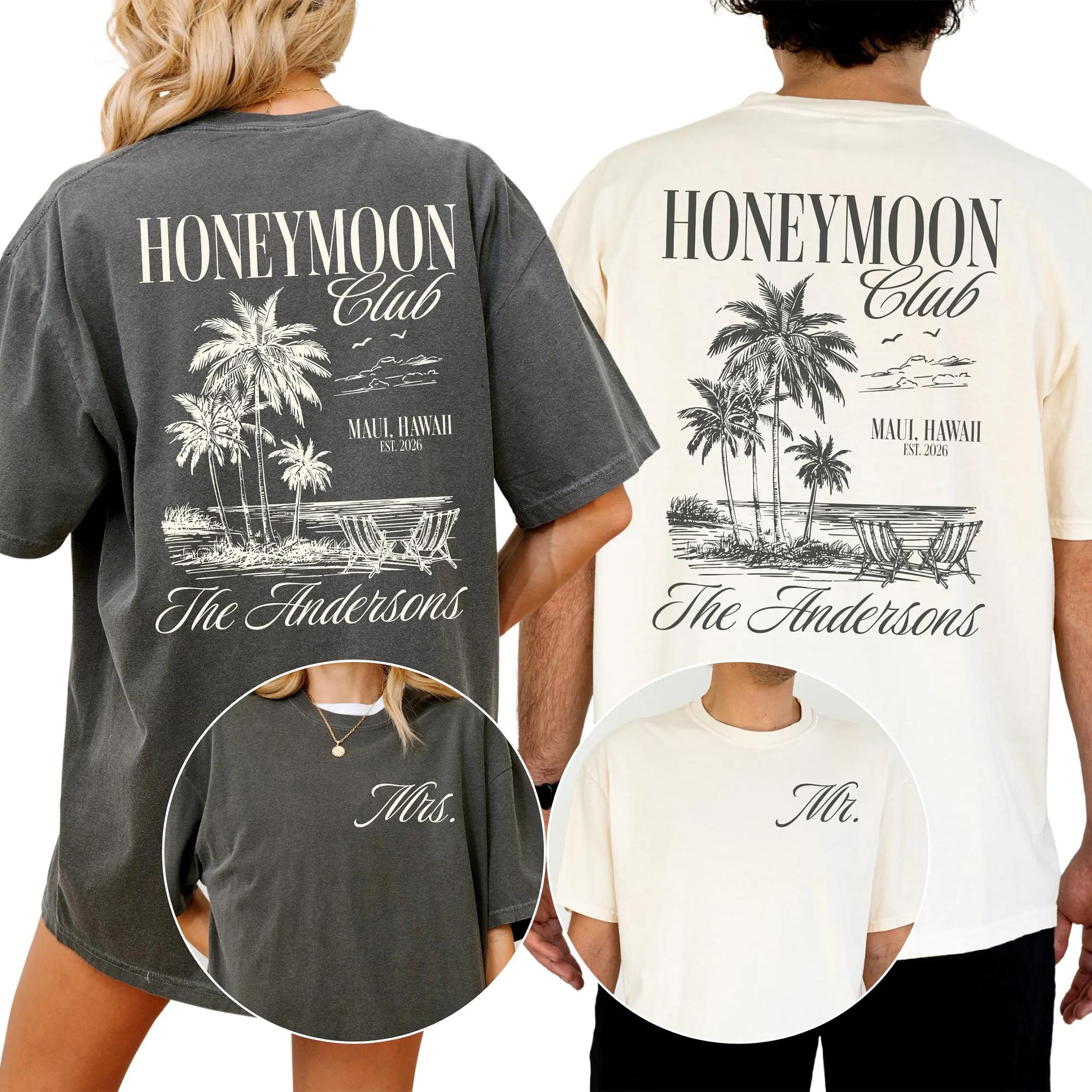 Honeymoon Club Custom Graphic T-Shirts For Newlywed Wife And Husband Vintage Coastal Retro Beach Aesthetic Charcoal Grey Cream Cotton Custom Mr And Mrs Shirts Newlywed Wedding Shirt Just Married Vacation Tees 4