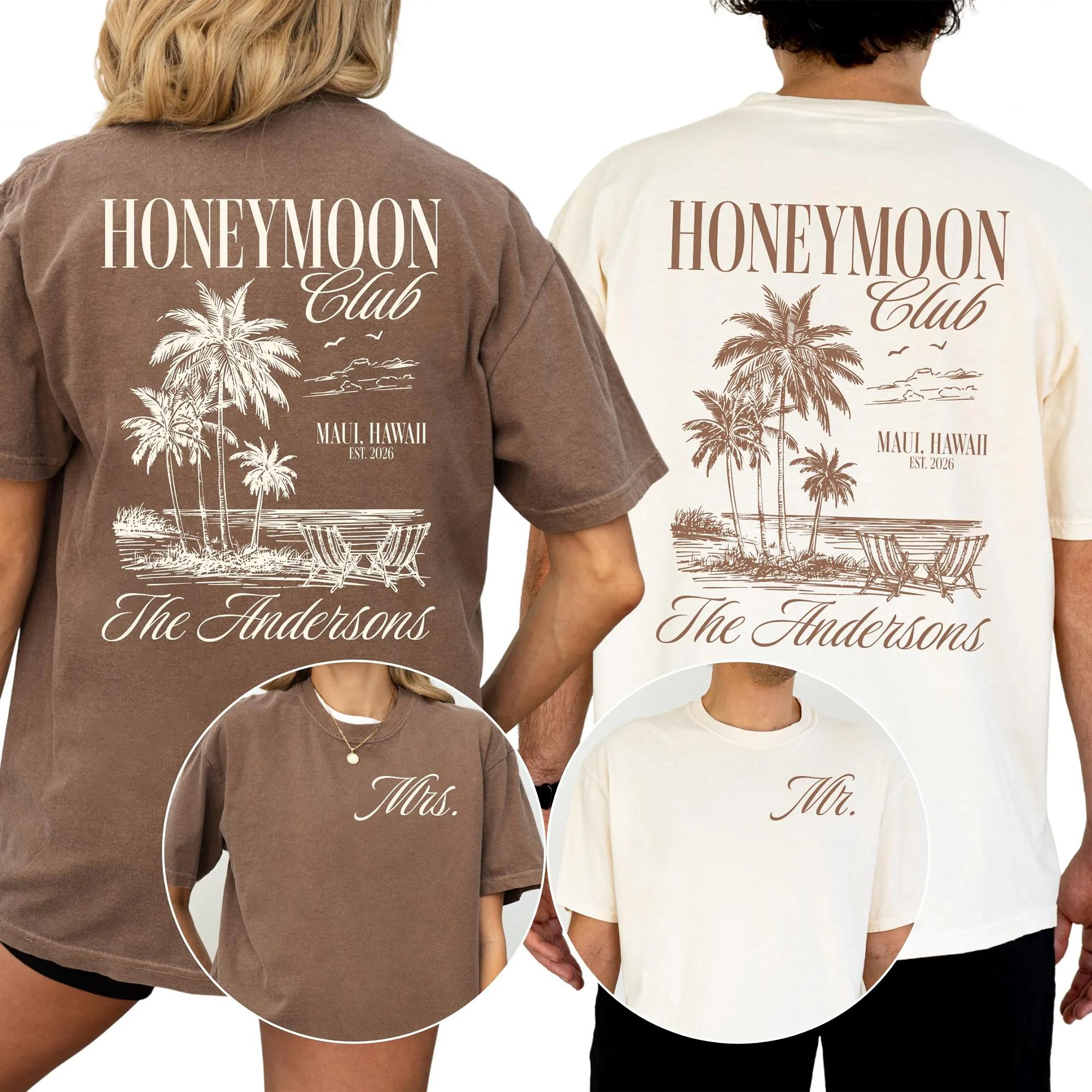 Honeymoon Club Custom Graphic T-Shirts For Newlywed Wife And Husband Vintage Coastal Retro Beach Aesthetic Charcoal Grey Cream Cotton Custom Mr And Mrs Shirts Newlywed Wedding Shirt Just Married Vacation Tees 2