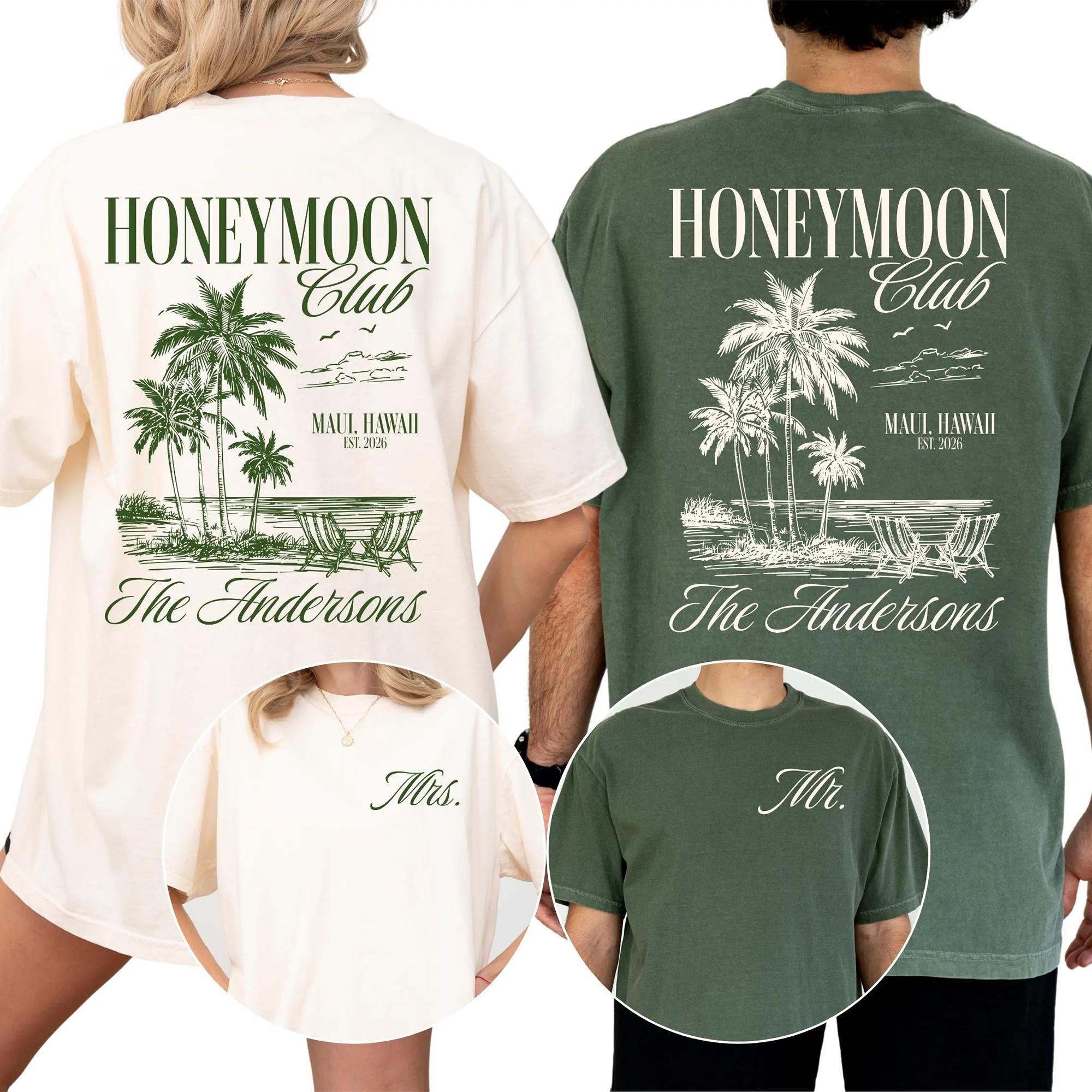 Honeymoon Club Custom Graphic T-Shirts For Newlywed Wife And Husband Vintage Coastal Retro Beach Aesthetic Charcoal Grey Cream Cotton Custom Mr And Mrs Shirts Newlywed Wedding Shirt Just Married Vacation Tees 3