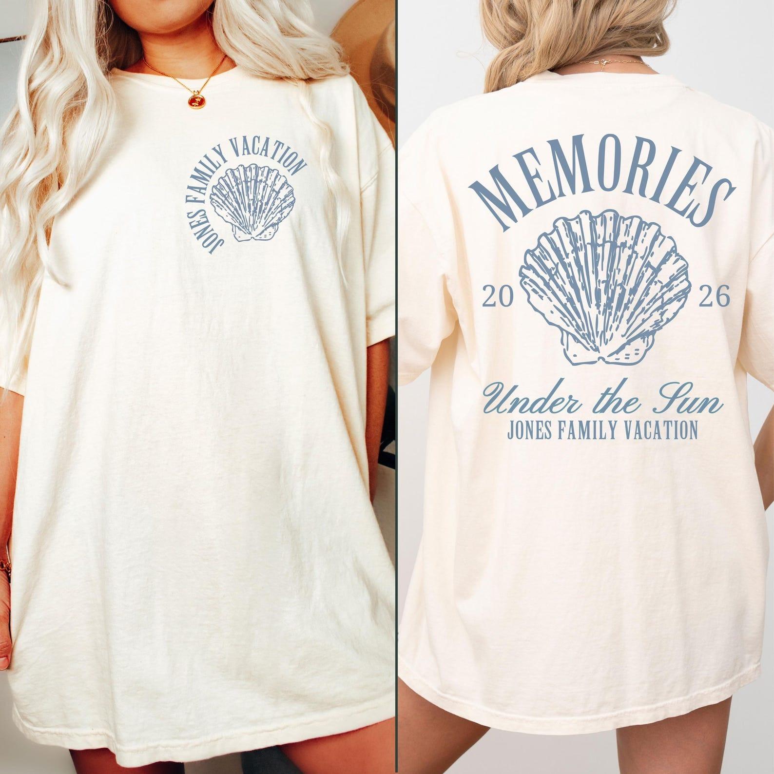 Women's Custom Personalized Family Matching Coastal Retro Beach Graphic Tee - Charcoal Grey Cotton Fabric, Ribbed, Casual, Streetwear, Vintage Summer Vacation Apparel Top 2
