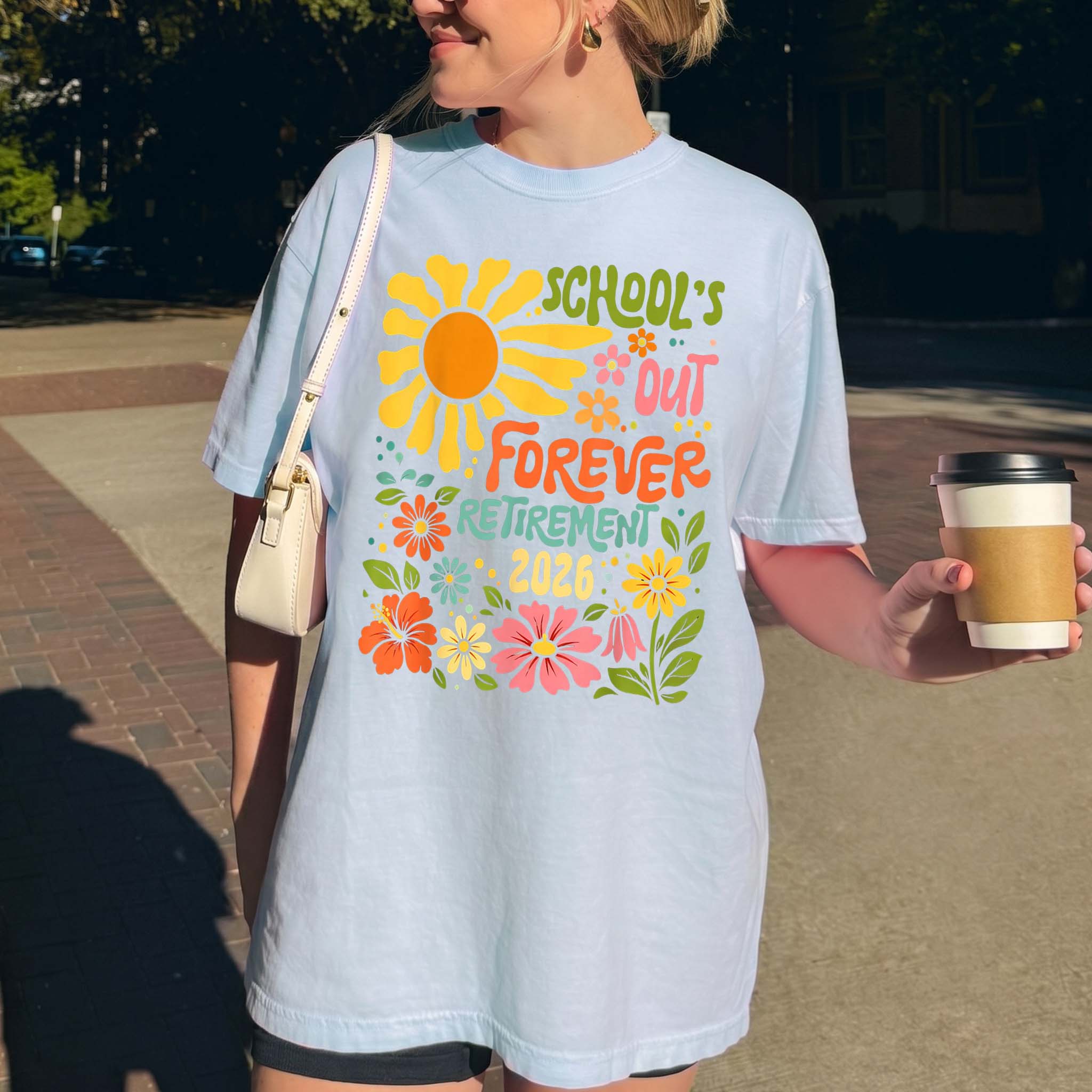 Women's Soft Ribbed Cotton Round Neck Short-Sleeve T-Shirt - 2026 School's Out Forever Teacher Retirement Graphic, Vintage Groovy Floral Print, Preppy Style Top, Summer Casual Streetwear, Lady Educator Gift, Women's Clothes 4