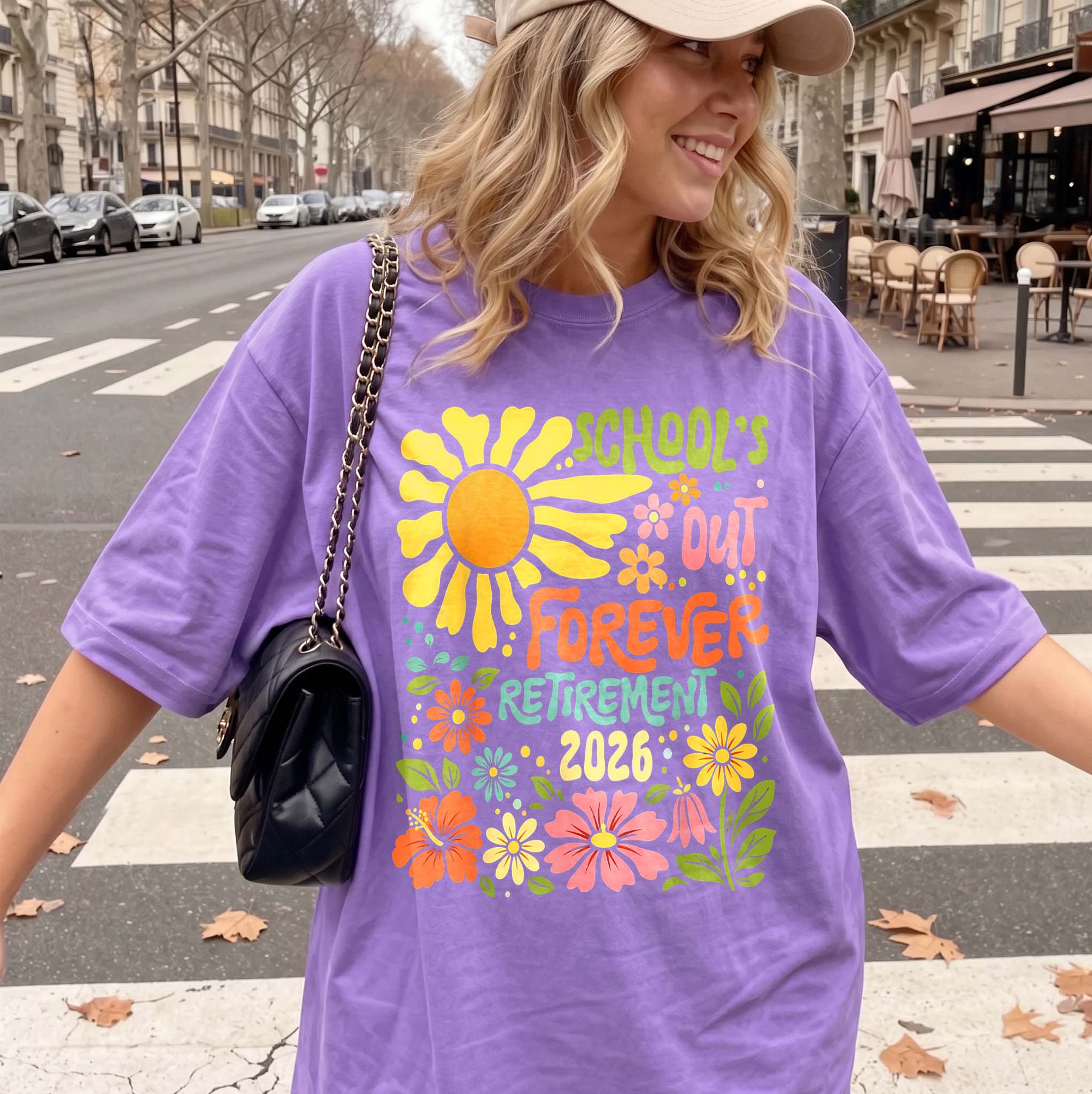 Women's Soft Ribbed Cotton Round Neck Short-Sleeve T-Shirt - 2026 School's Out Forever Teacher Retirement Graphic, Vintage Groovy Floral Print, Preppy Style Top, Summer Casual Streetwear, Lady Educator Gift, Women's Clothes 3