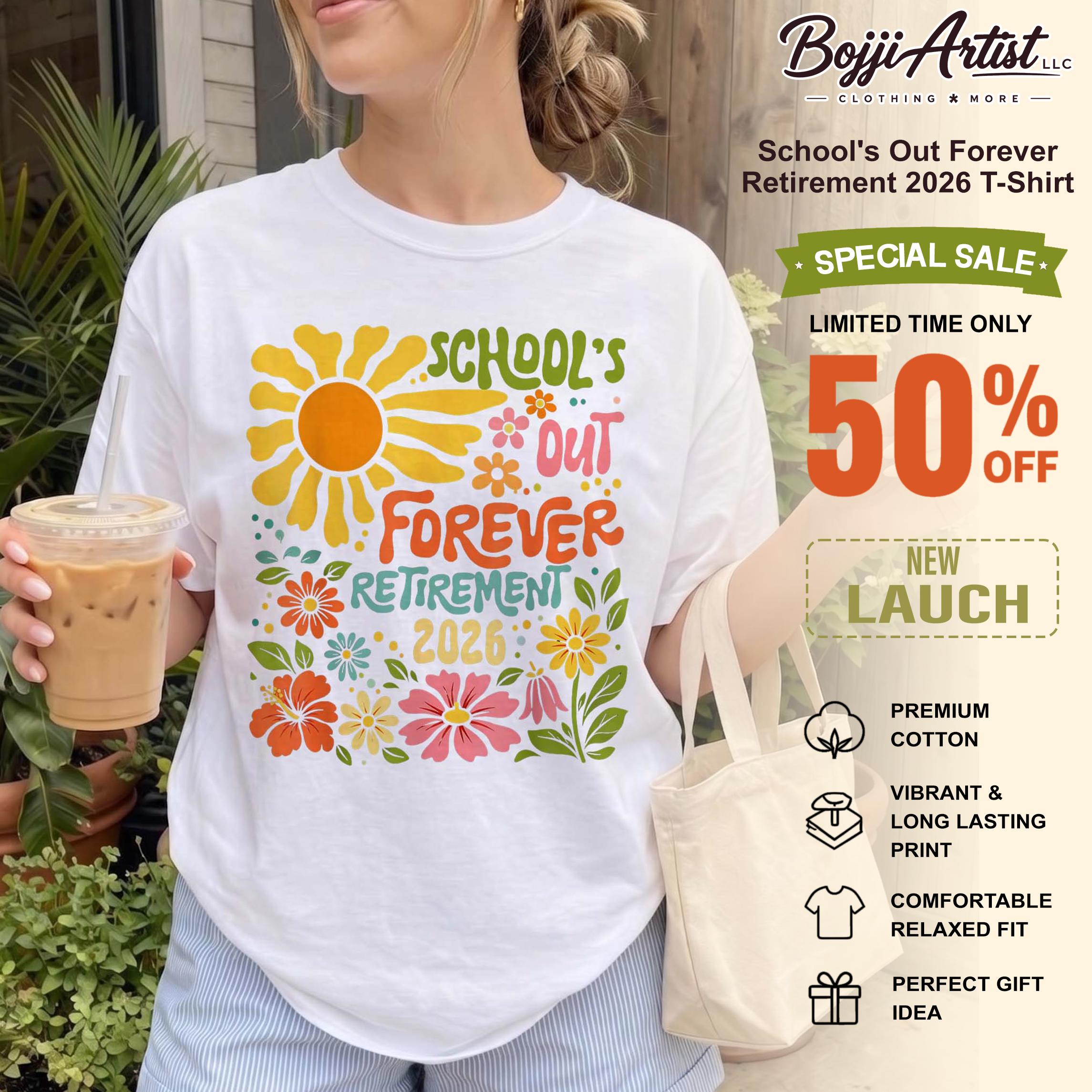 Women's Soft Ribbed Cotton Round Neck Short-Sleeve T-Shirt - 2026 School's Out Forever Teacher Retirement Graphic, Vintage Groovy Floral Print, Preppy Style Top, Summer Casual Streetwear, Lady Educator Gift, Women's Clothes 2