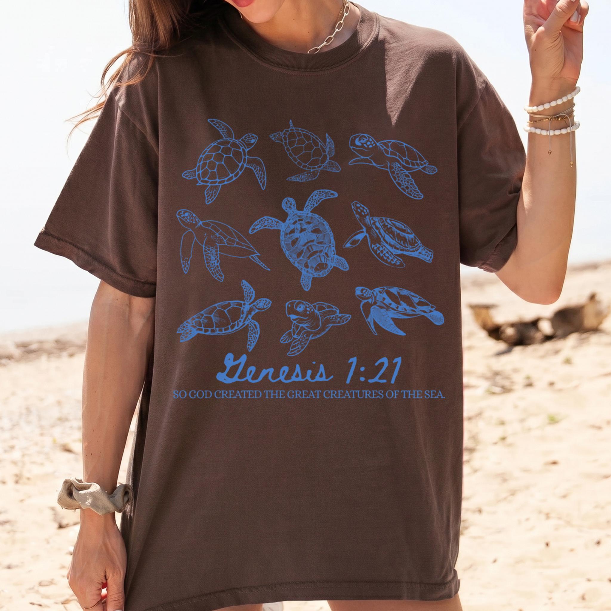 Genesis 1 21 Turtle T Shirt For Christian Beachcore Coastal Grandmother Aesthetic Pink Cotton Oversized Graphic Tee With Bible Verse Quote Ocean Sea Turtles Design Summer Bible Camp Vintage Washed Inspirational Faith Top Gifts 2