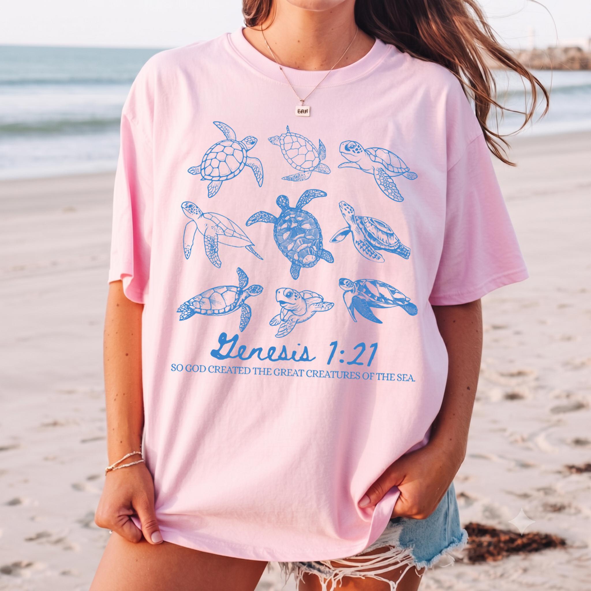 Genesis 1 21 Turtle T Shirt For Christian Beachcore Coastal Grandmother Aesthetic Pink Cotton Oversized Graphic Tee With Bible Verse Quote Ocean Sea Turtles Design Summer Bible Camp Vintage Washed Inspirational Faith Top Gifts 4