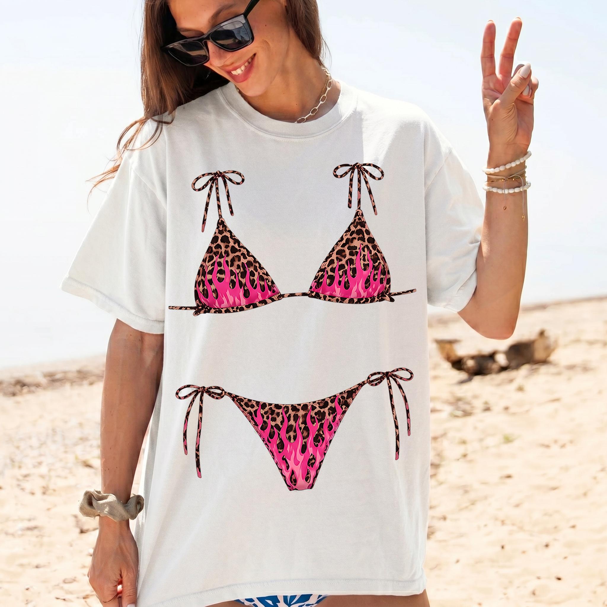Leopard Flame Bikini Graphic Oversized Graphic T-Shirt for Women Y2K Edgy Festival Summer Novelty White Cotton Blend Tee Hot Pink Cheetah Print String Swimsuit Illusion Print Funny Bachelorette Party Top Trendy Streetwear 4