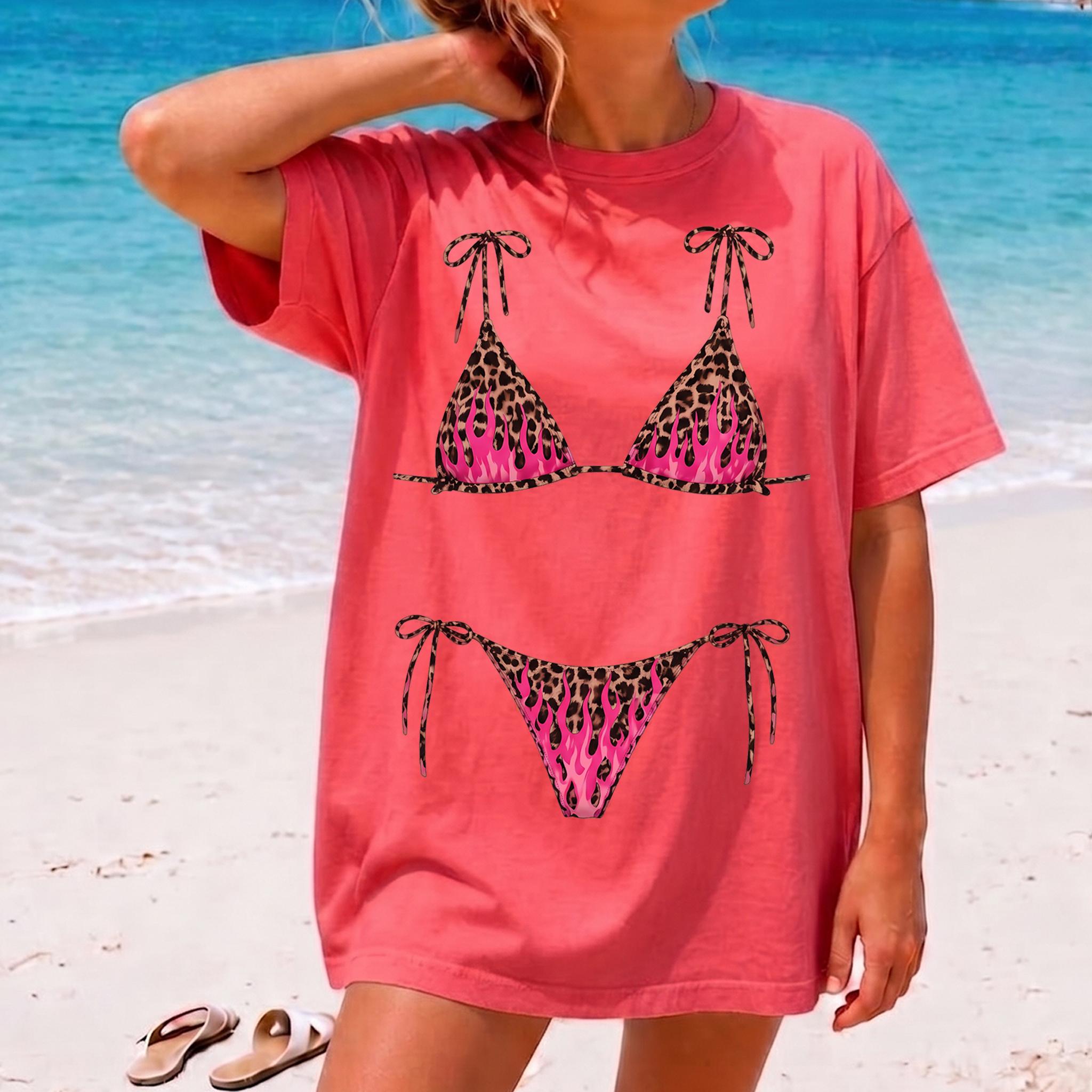 Leopard Flame Bikini Graphic Oversized Graphic T-Shirt for Women Y2K Edgy Festival Summer Novelty White Cotton Blend Tee Hot Pink Cheetah Print String Swimsuit Illusion Print Funny Bachelorette Party Top Trendy Streetwear 2