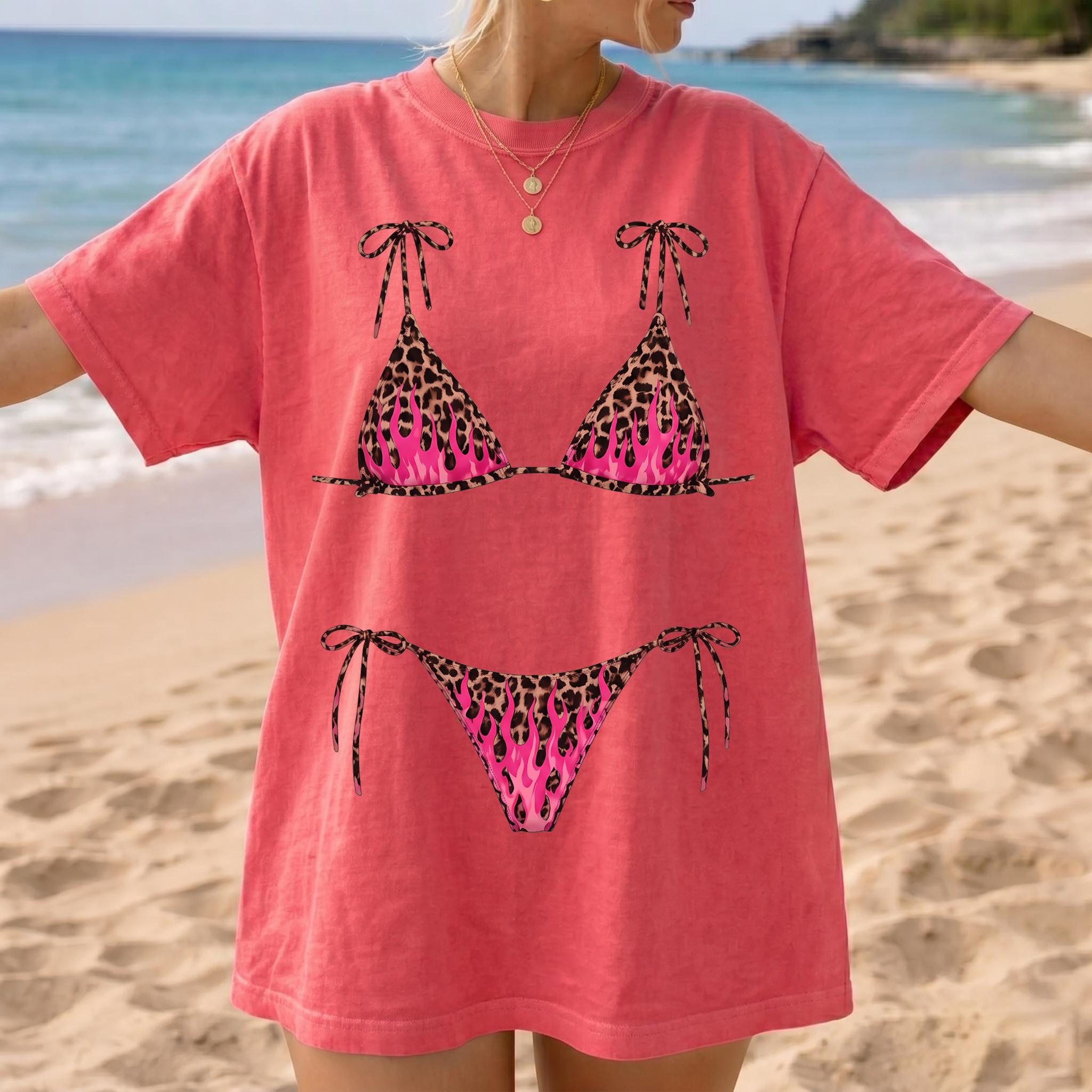 Leopard Flame Bikini Graphic Oversized Graphic T-Shirt for Women Y2K Edgy Festival Summer Novelty White Cotton Blend Tee Hot Pink Cheetah Print String Swimsuit Illusion Print Funny Bachelorette Party Top Trendy Streetwear 3
