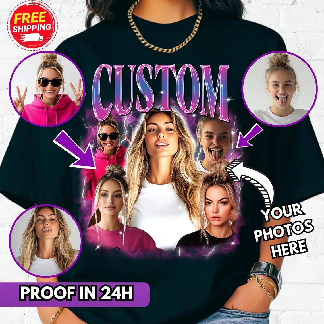 Custom Bootleg T-Shirt, Personalized 90s Rap Tee, Custom Photo Collage Shirt, Y2K Pink Lightning Graphic Tee, Oversized Vintage Girlfriend Tee, Retro Streetwear Top, Custom Name And Text Clothing 2
