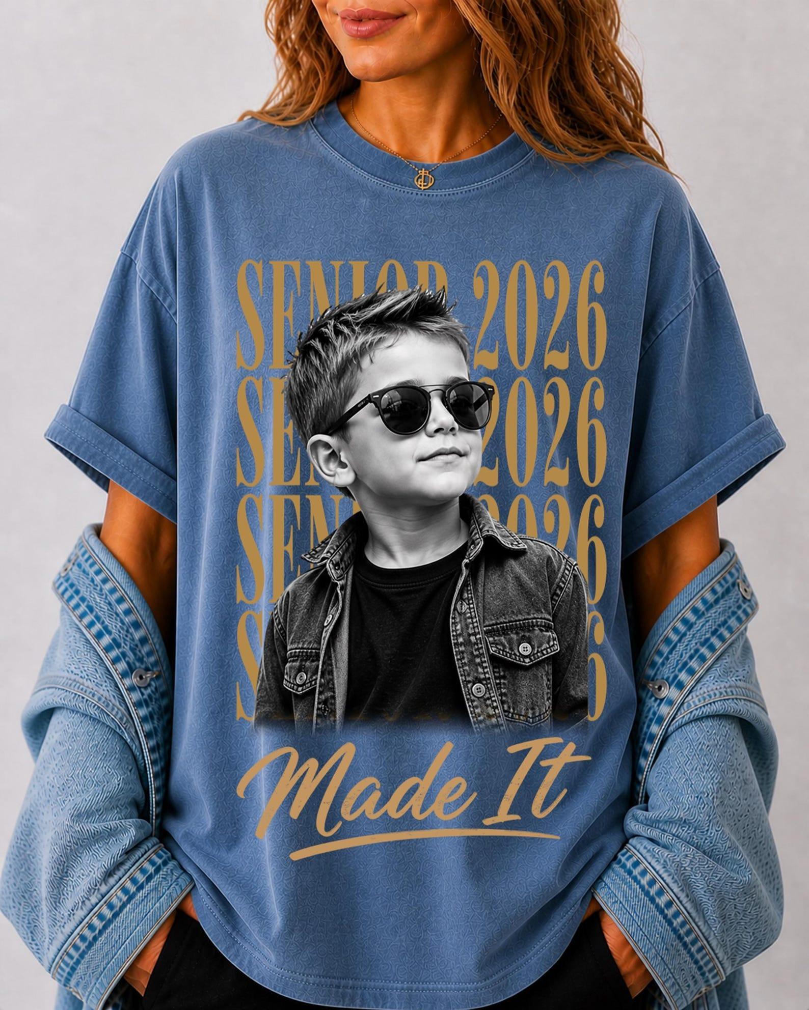 Women's Custom Class of 2026 Senior Apparel T-Shirt - Washed Black Ribbed Breathable Cotton Fabric, Round Neck, Childhood Photo Graphic, Retro 90s Casual Streetwear Aesthetic, Wrap Fit, Matching Personalized Graduation Gift for Moms 2