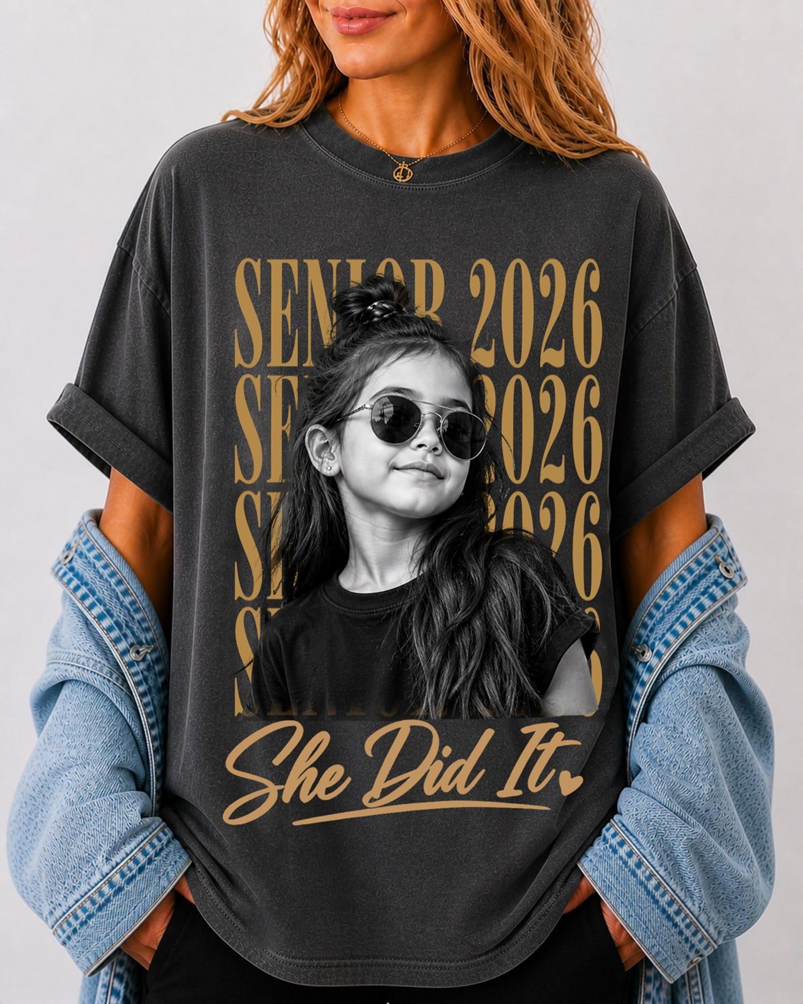 Women's Custom Class of 2026 Senior Apparel T-Shirt - Washed Black Ribbed Breathable Cotton Fabric, Round Neck, Childhood Photo Graphic, Retro 90s Casual Streetwear Aesthetic, Wrap Fit, Matching Personalized Graduation Gift for Moms 3