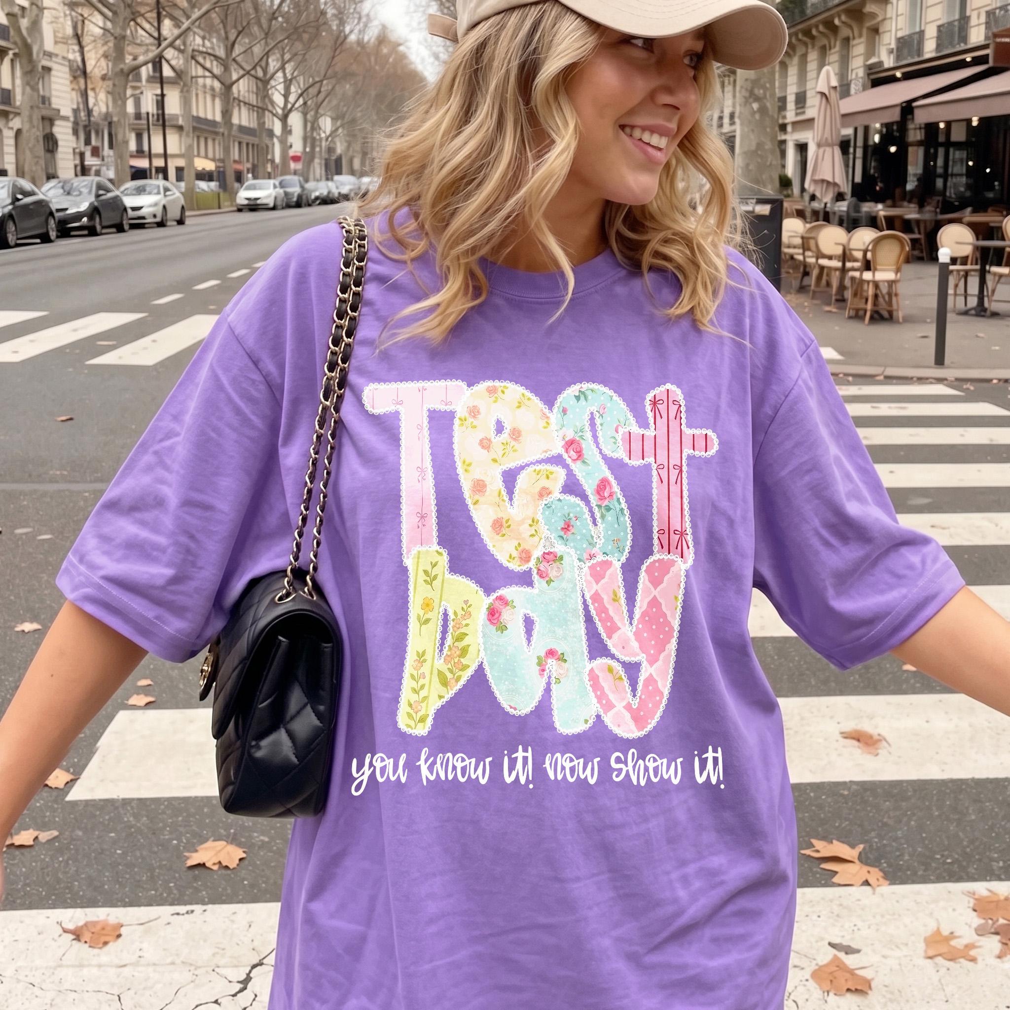 Women's Oversized Round Neck Graphic T-Shirt - Garment-Dyed, Roomy, Color-Mixed, Stylish Streetwear Top, Cotton Blend, Purple Lavender Patchwork Floral, Vintage Baggy Fit, Preppy Coquette Aesthetic, School Exam Day Casual Comfy, Garment-Dyed Women 2