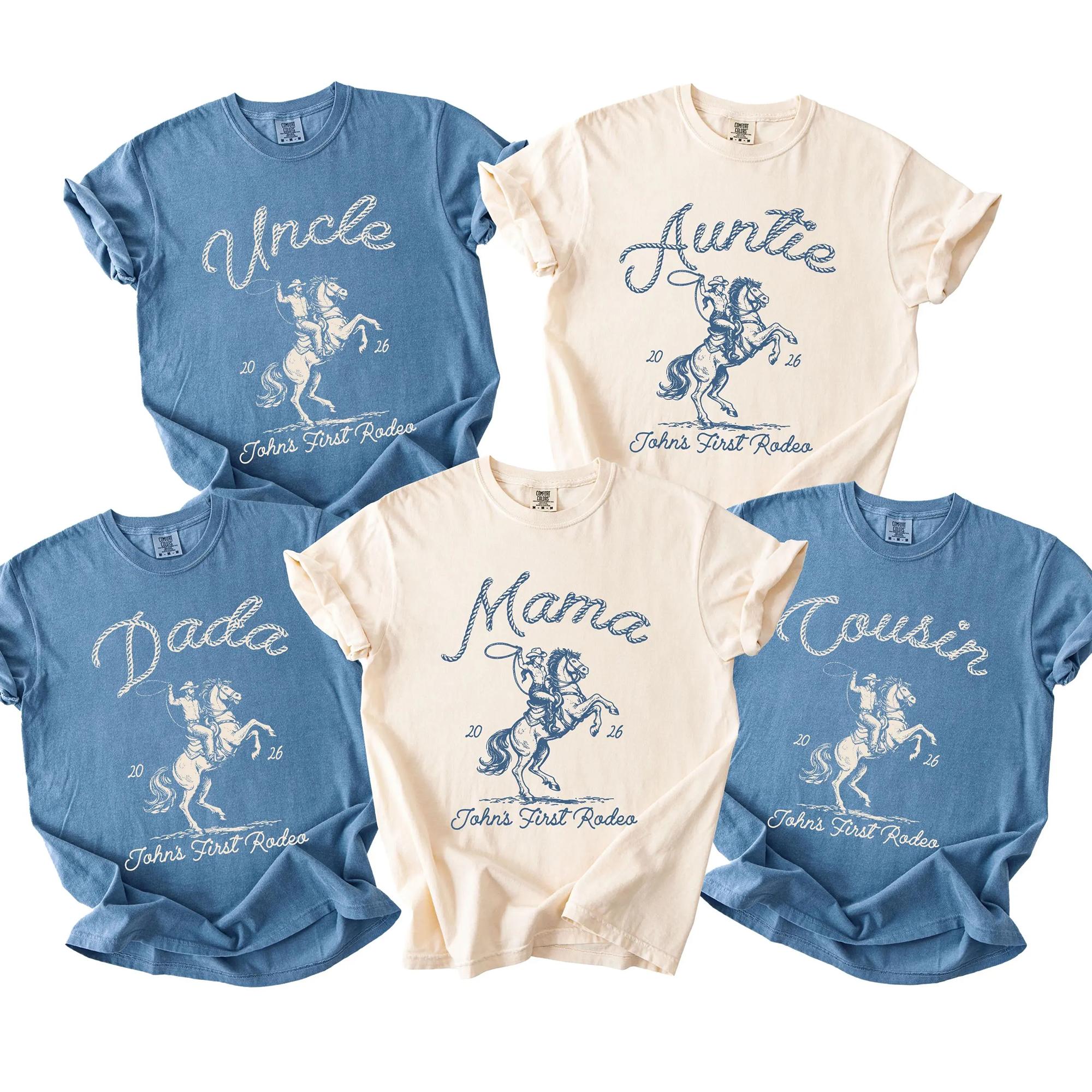 Personalized First Rodeo Family Matching Shirts Vintage Graphic T-Shirts Retro Western Cowboy Aesthetic Cream Cotton Tees First Rodeo Family Shirts Matching Mom Dad Western Shirts First Birthday Cowboy Outfit 2