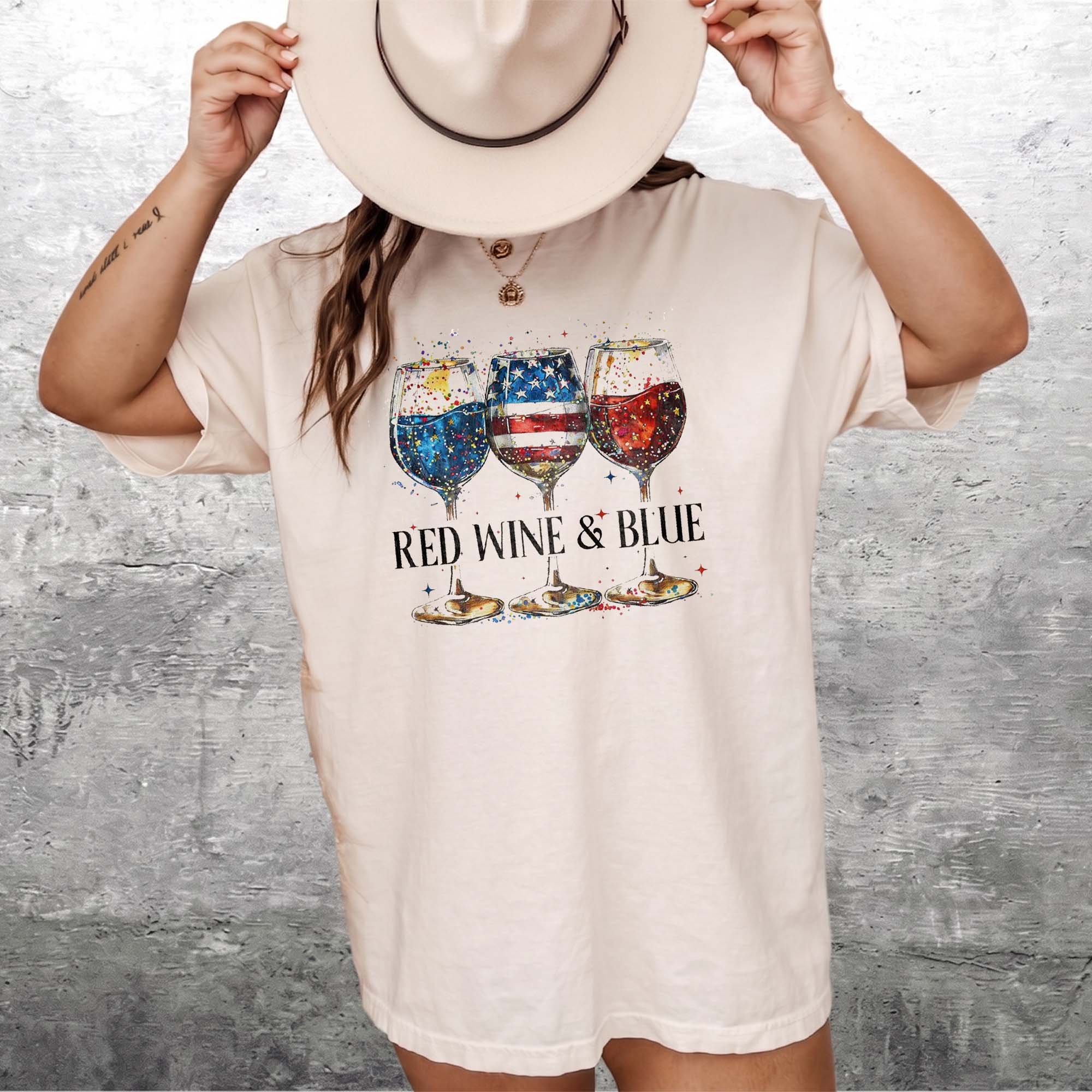 Red Wine & Blue Graphic T-Shirt Women's Men's Patriotic Retro Preppy Ivory Cotton Comfort Colors Tee 4th of July USA Flag Memorial Day Wine Lover Drinking Top Independence Day Summer Cookout Apparel Gift 2