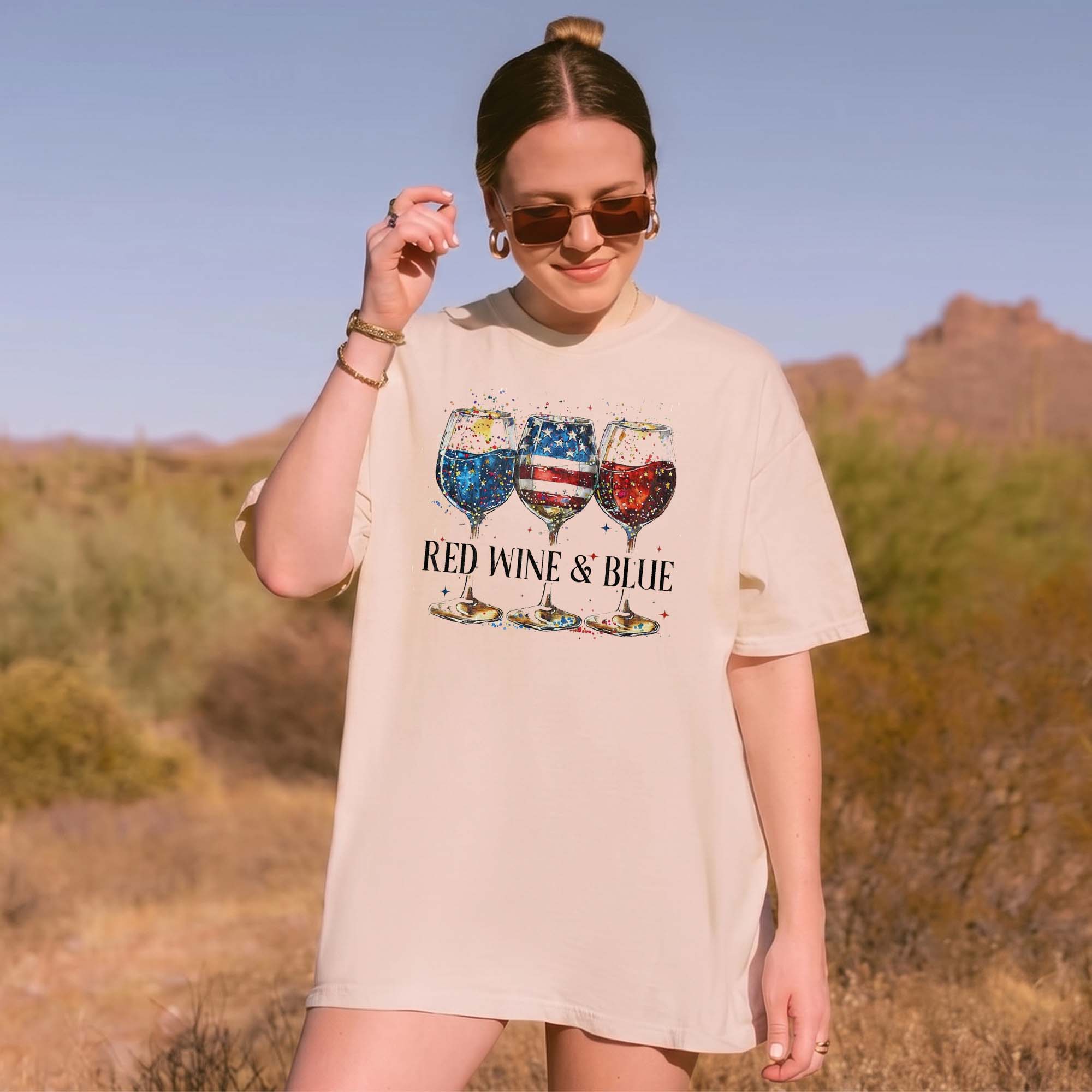 Red Wine & Blue Graphic T-Shirt Women's Men's Patriotic Retro Preppy Ivory Cotton Comfort Colors Tee 4th of July USA Flag Memorial Day Wine Lover Drinking Top Independence Day Summer Cookout Apparel Gift 3