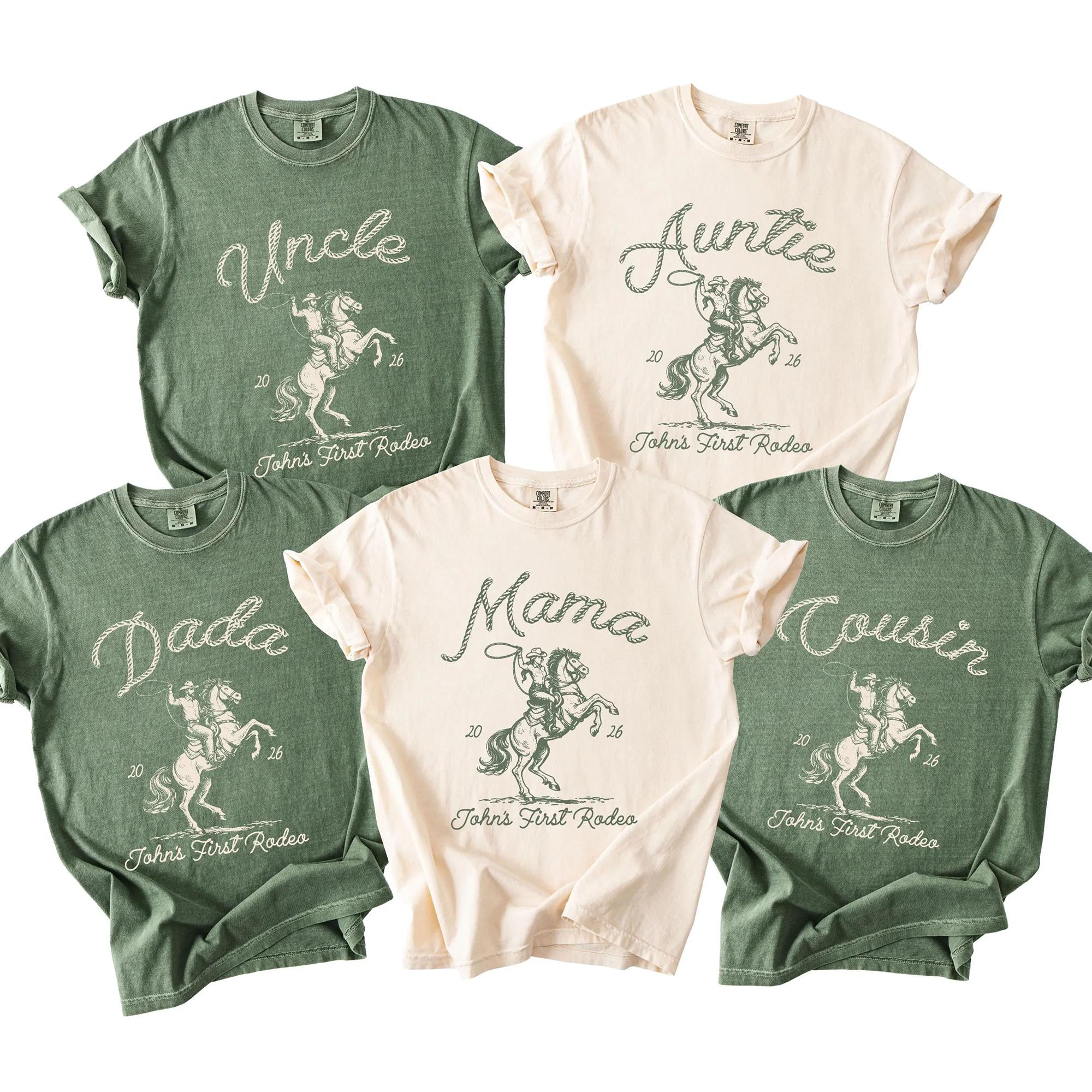 Personalized First Rodeo Family Matching Shirts Vintage Graphic T-Shirts Retro Western Cowboy Aesthetic Cream Cotton Tees First Rodeo Family Shirts Matching Mom Dad Western Shirts First Birthday Cowboy Outfit 4