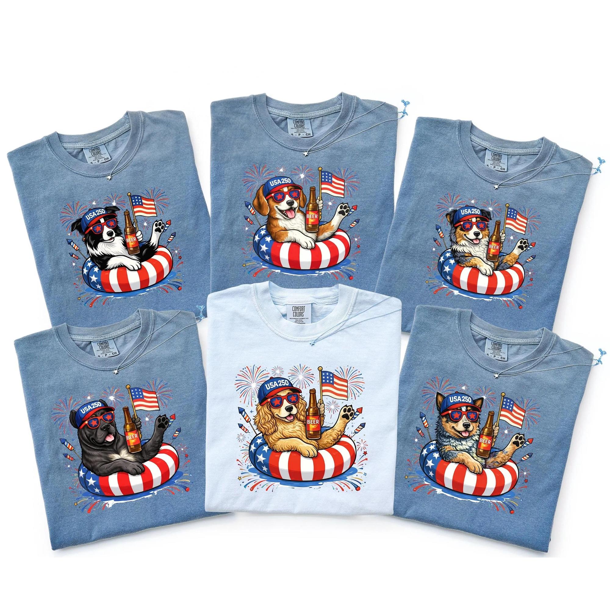 Women's Round Neck Short-Sleeve Streetwear T-Shirt - Personalized Funny Patriotic Dog Breed 4th of July USA Flag Fireworks Graphic, Retro Americana Aesthetic, Garment-Dyed Cotton, 250th Anniversary Casual Tops for Dog Lovers 2