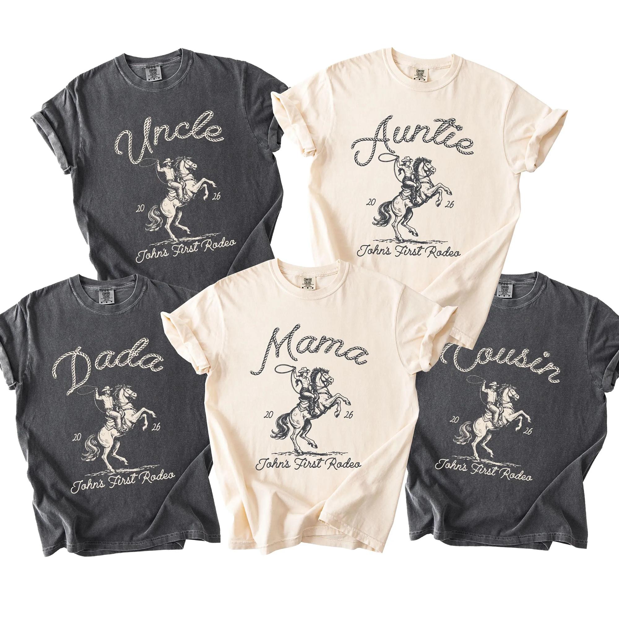 Personalized First Rodeo Family Matching Shirts Vintage Graphic T-Shirts Retro Western Cowboy Aesthetic Cream Cotton Tees First Rodeo Family Shirts Matching Mom Dad Western Shirts First Birthday Cowboy Outfit 3