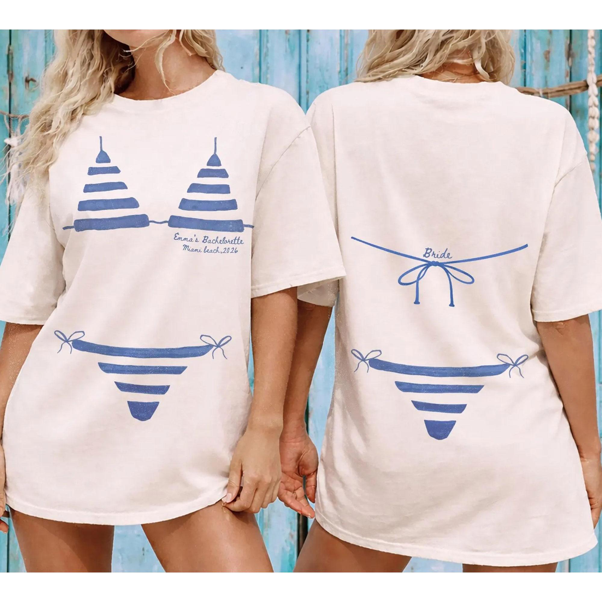 Custom Bikini Bachelorette Matching Shirts Oversized Beach Graphic Tee For Women Bridal Party Coastal Preppy Aesthetic Beige Cotton Last Splash Beach Bach Tee Seashell Bikini Bridal Gift Novelty Cover Up Shirt Miami Bride Squad 3