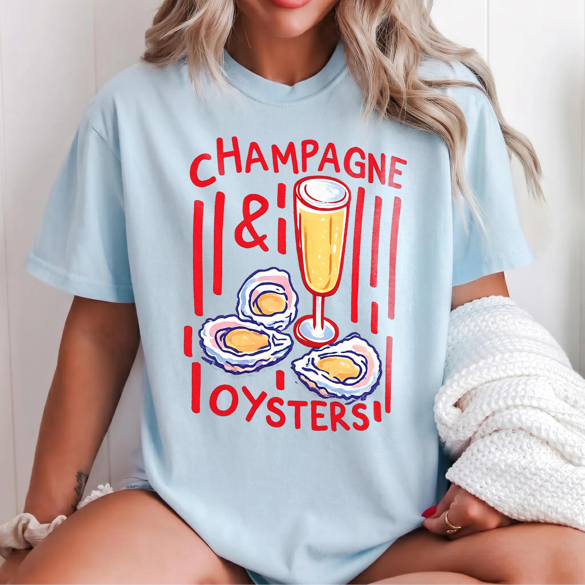 Champagne and Oysters Graphic Tee Oversized T-Shirt For Women Casual Trendy Preppy Foodie Aesthetic Summer Vacation Shirt Beige Blend Short Sleeve Top Red Lettering Print Vintage Oyster Bar Graphic Apparel 4