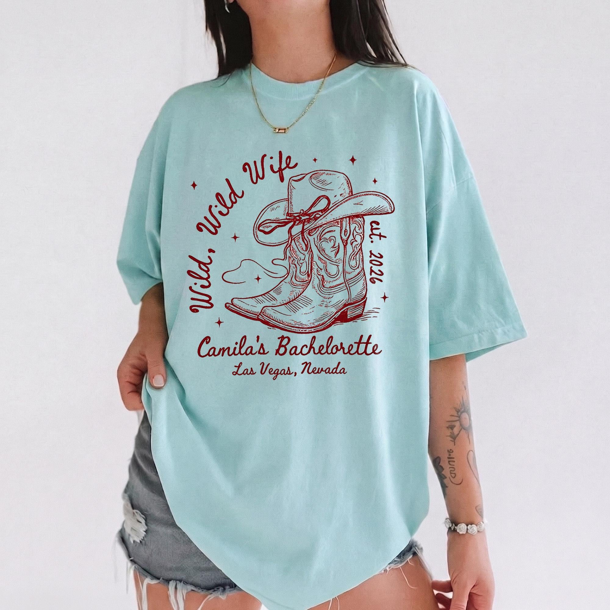 Women's Cream Butter Yellow Cotton Round Neck T-Shirt - Wild Wild Wife Bachelorette Graphic, Streetwear Casual Lady Tops, Western Retro Country Cowgirl Aesthetic, Bridal Party Matching, Las Vegas Trip Custom Year Favors 2