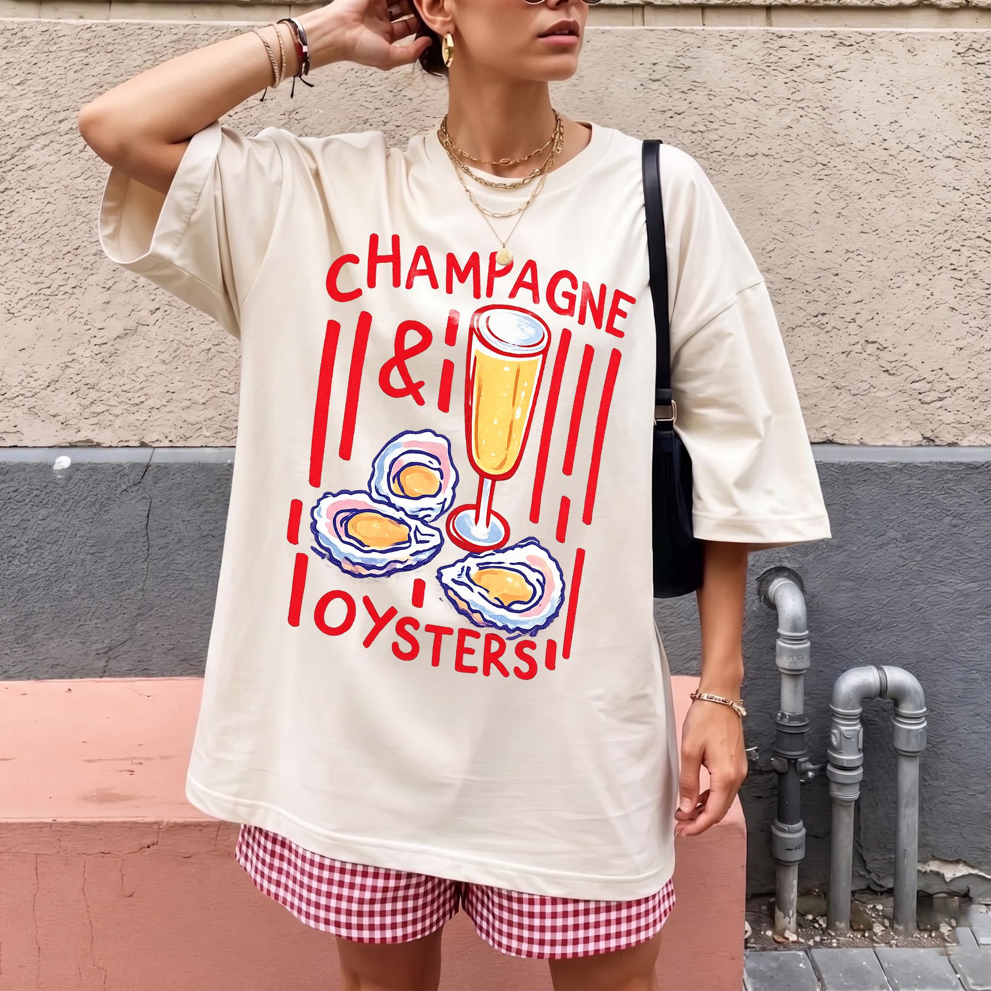 Champagne and Oysters Graphic Tee Oversized T-Shirt For Women Casual Trendy Preppy Foodie Aesthetic Summer Vacation Shirt Beige Blend Short Sleeve Top Red Lettering Print Vintage Oyster Bar Graphic Apparel 2