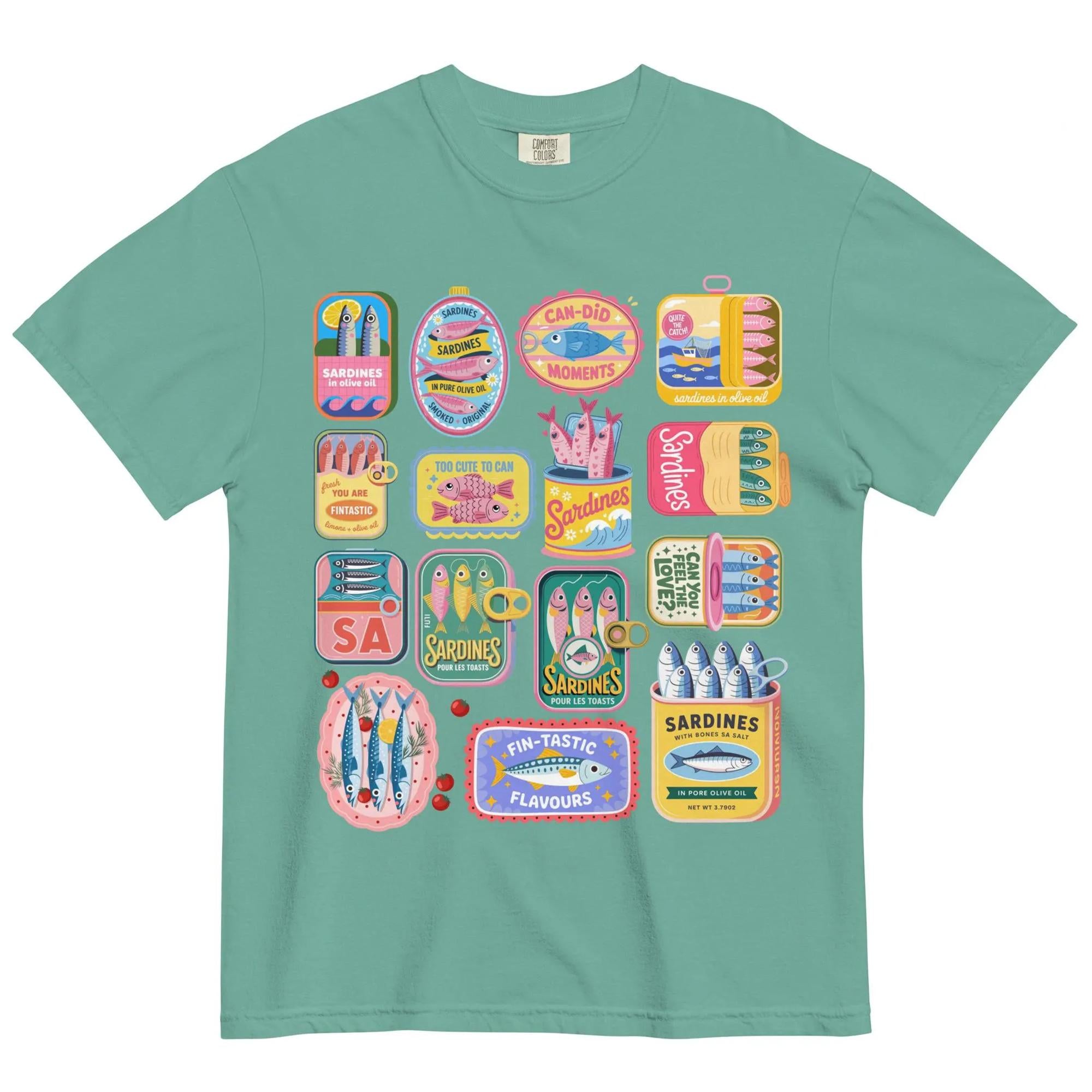 Vintage Sardine Can Shirt Retro Tin Fish Shirt Mediterranean Food Shirt Coastal Aesthetic Tee Foodie Gift Tinned Fish Club Graphic T-Shirt Picnic Core Summer Top Cute Seacuterie Board Apparel Colorful Sardines Comfort Colors Tee Sea Foodie 2