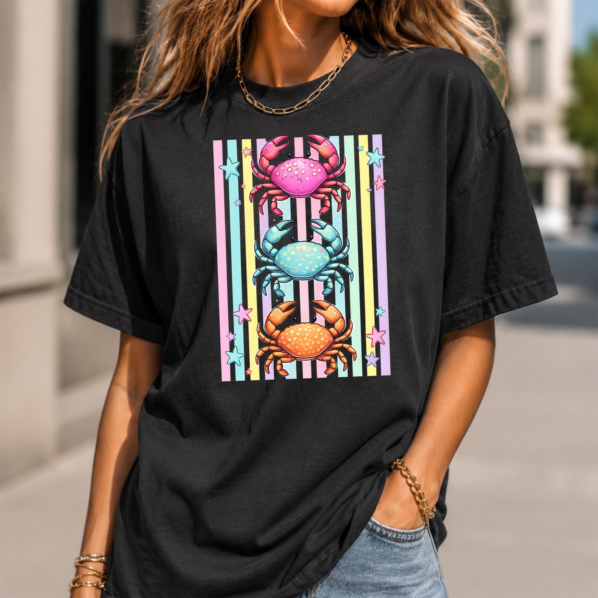 Cute Colorful Crab Shirt Coastal Summer Beach Tee Three Pastel Crabs Graphic T Shirt Ocean Lover Vacation Top Seaside Aesthetic Shirt Marine Life Tee Cute Sea Animal Gift For Women Girls 4