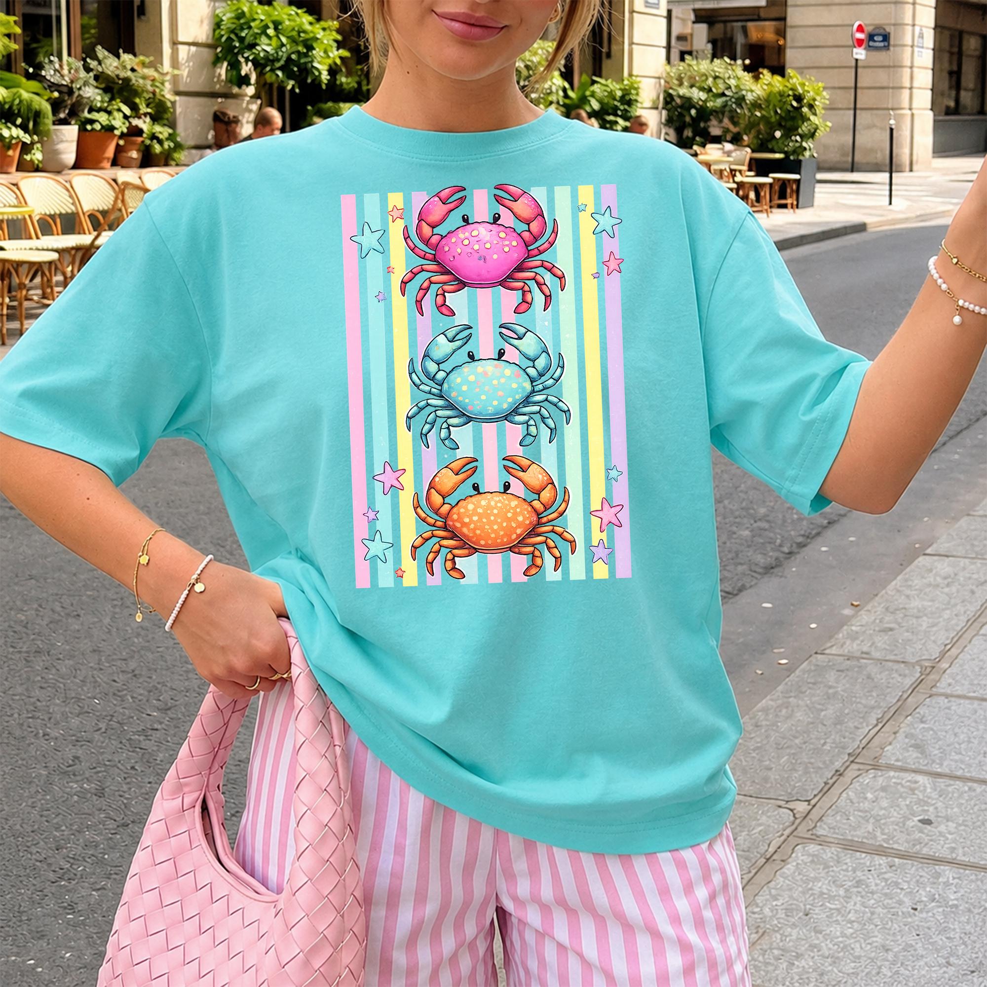Cute Colorful Crab Shirt Coastal Summer Beach Tee Three Pastel Crabs Graphic T Shirt Ocean Lover Vacation Top Seaside Aesthetic Shirt Marine Life Tee Cute Sea Animal Gift For Women Girls 3