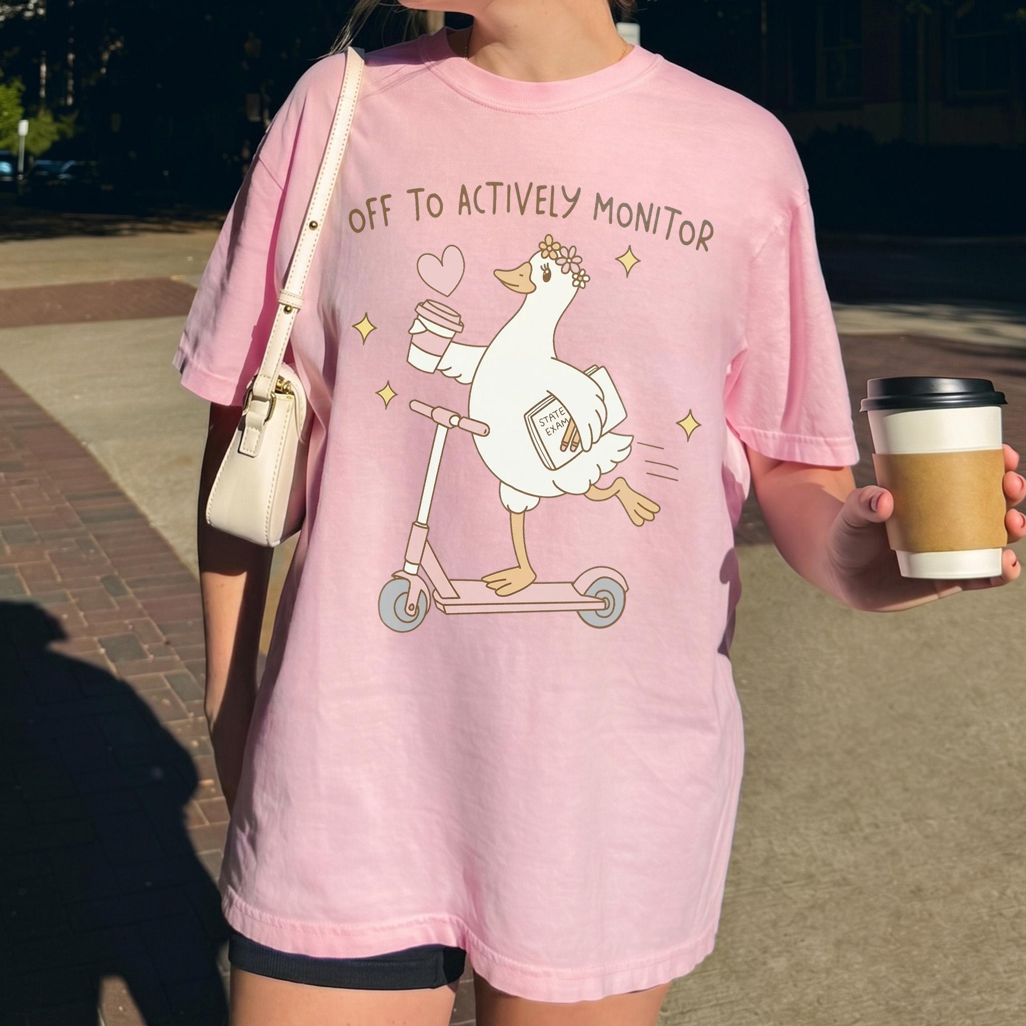 Women's Oversized Duck Graphic T-Shirt - Mint Green Cotton Blend Streetwear, Ribbed Fabric, Kangaroo Pocket, Matching Preppy Coquette Cute Teacher Aesthetic Summer Casual Top for Educators (State Exam Proctor Apparel) 3