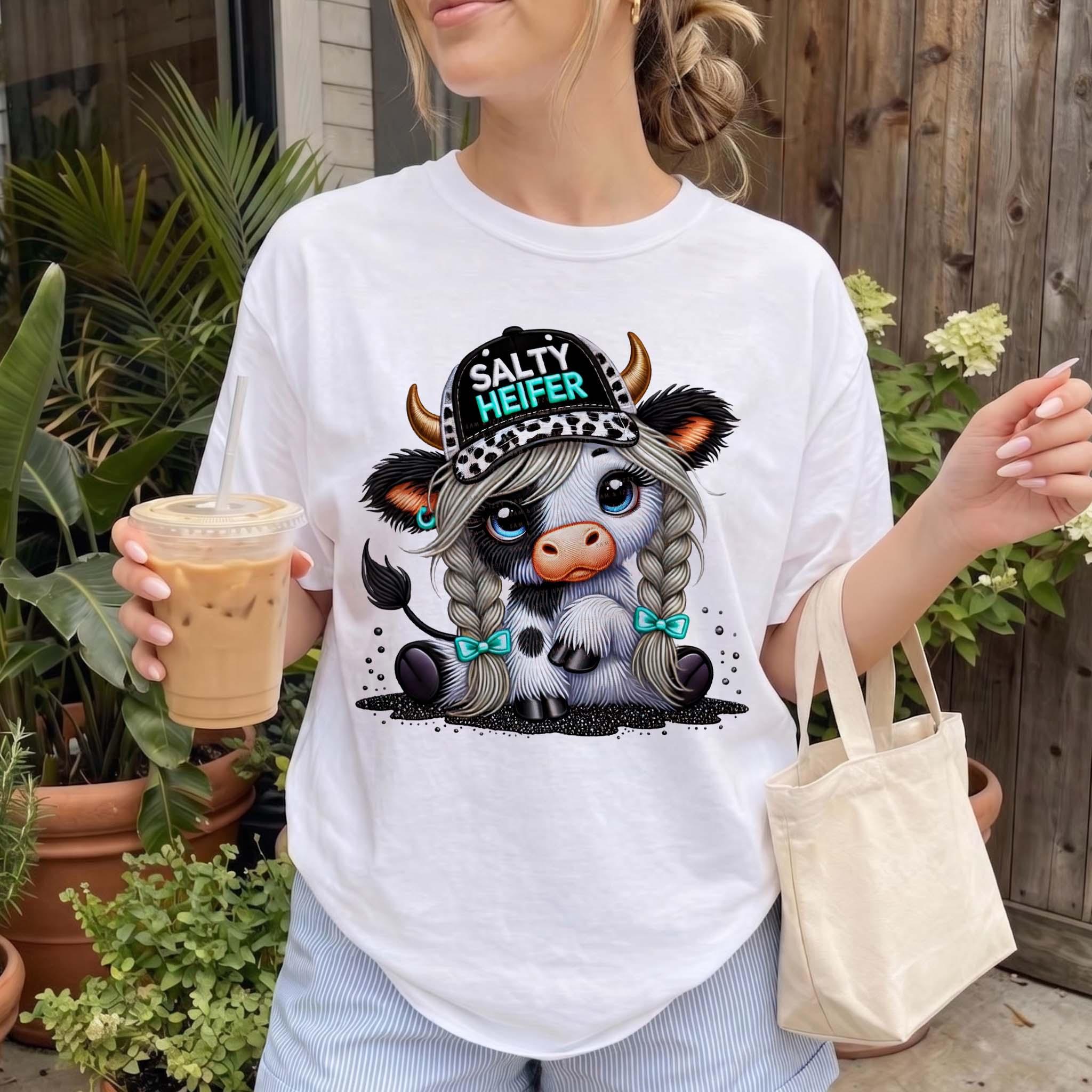 Salty Heifer Cute Cow Summer Graphic T-Shirt For Women Western Country Sassy Farm Girl Aesthetic White Cotton Blend Tee With Leopard Print Trucker Hat Braids Design Farmhouse Casual Everyday Wear Trendy Western Apparel 4