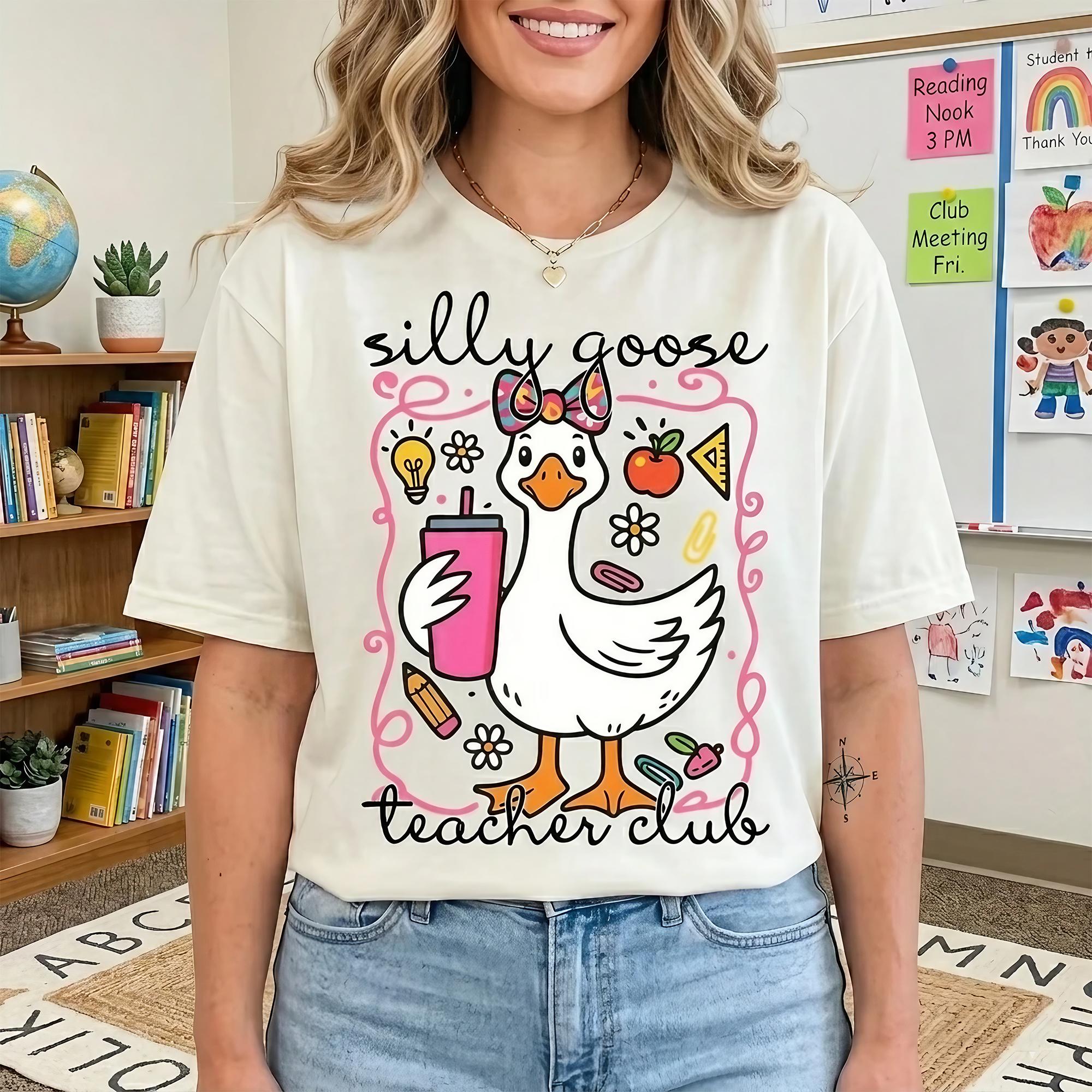 Silly Goose Teacher Club Graphic T-Shirt For Women Teachers Cute Preppy Quirky White Cotton Blend Goose Teacher Club Shirt Funny Teacher Club T-Shirt Cute Back To School Tee Teacher Appreciation Gift Funny Gift For Teacher 2