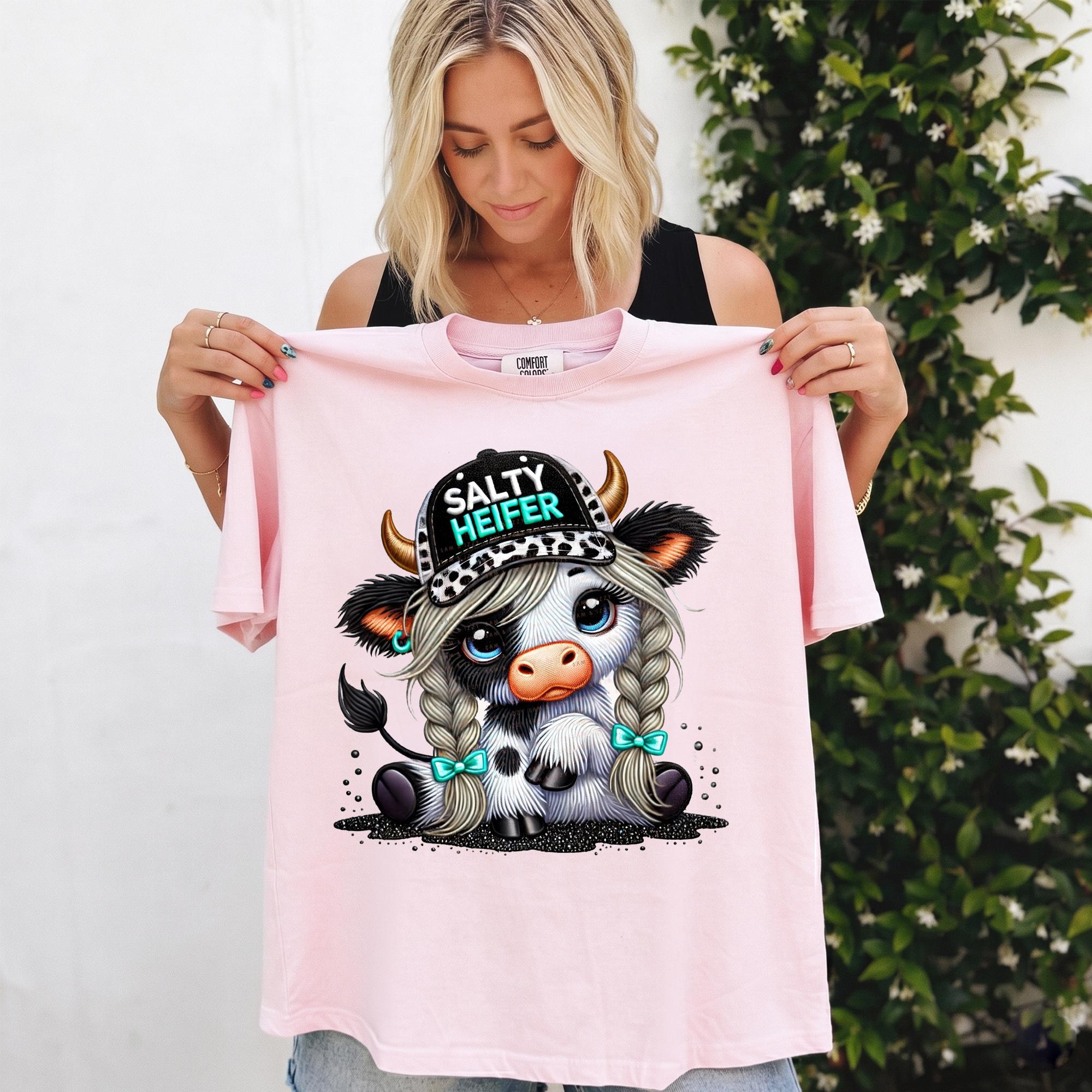 Salty Heifer Cute Cow Summer Graphic T-Shirt For Women Western Country Sassy Farm Girl Aesthetic White Cotton Blend Tee With Leopard Print Trucker Hat Braids Design Farmhouse Casual Everyday Wear Trendy Western Apparel 3