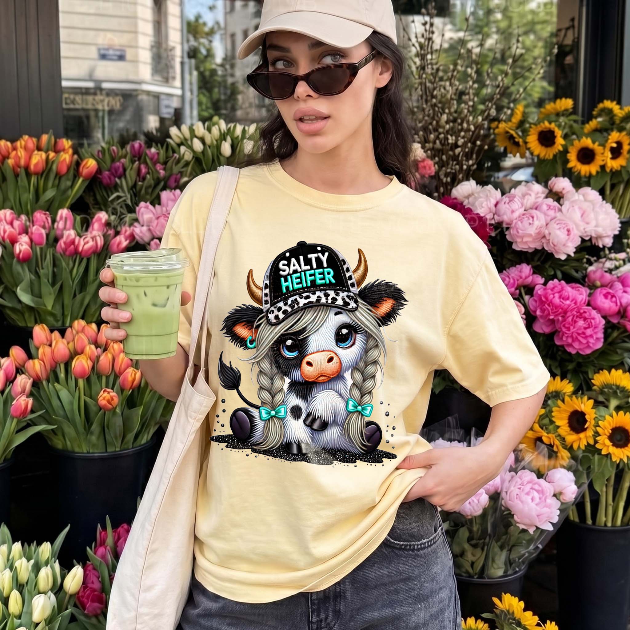 Salty Heifer Cute Cow Summer Graphic T-Shirt For Women Western Country Sassy Farm Girl Aesthetic White Cotton Blend Tee With Leopard Print Trucker Hat Braids Design Farmhouse Casual Everyday Wear Trendy Western Apparel 2