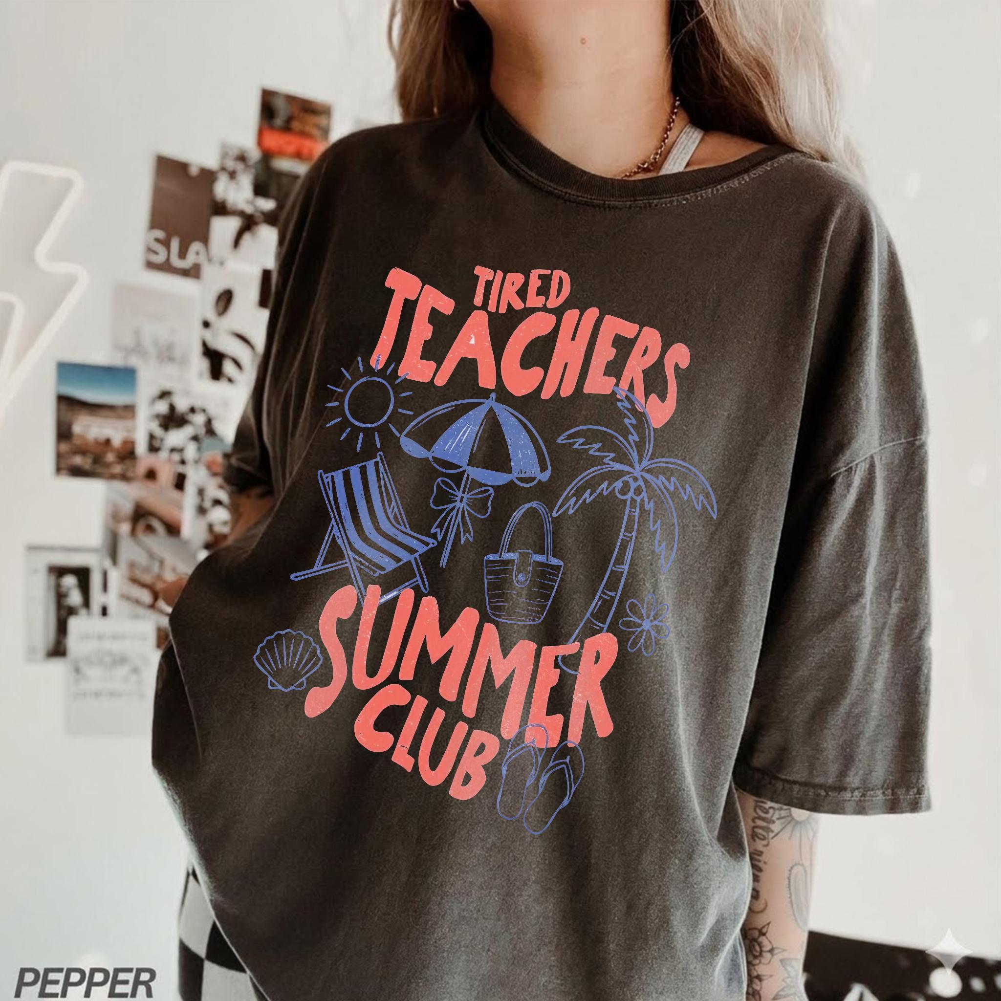Women's Lady Tired Teachers Graphic Apparel T-Shirt - Short Sleeve, White Ribbed Breathable Cotton Blend Fabric, 1-Piece Streetwear Retro Preppy Aesthetic, Good Fit, End-of-Year Gift for Educators, Casual Beachy Wear 4
