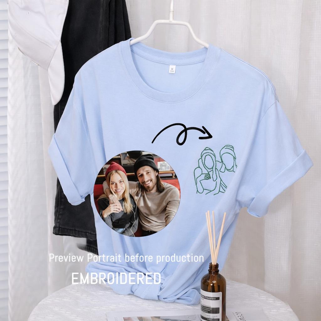 Custom Embroidered Line Art Portrait T-shirt, Personalized Photo To Minimalist Outline, Unique Gift For Anniversary Wedding, Hand Drawn Aesthetic Design, Unisex 2
