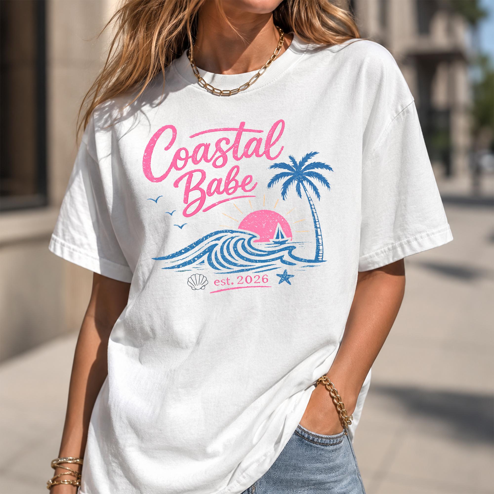 Coastal Babe Beach Graphic T-Shirt, Women's Crew Neck Lightweight Oversized Cotton Top, Trending Preppy Y2K Aesthetic Summer Vacation Outfits, Vintage Viral TikTok Fashion Shirt, Casual Daily Essential Tee est 2026 3