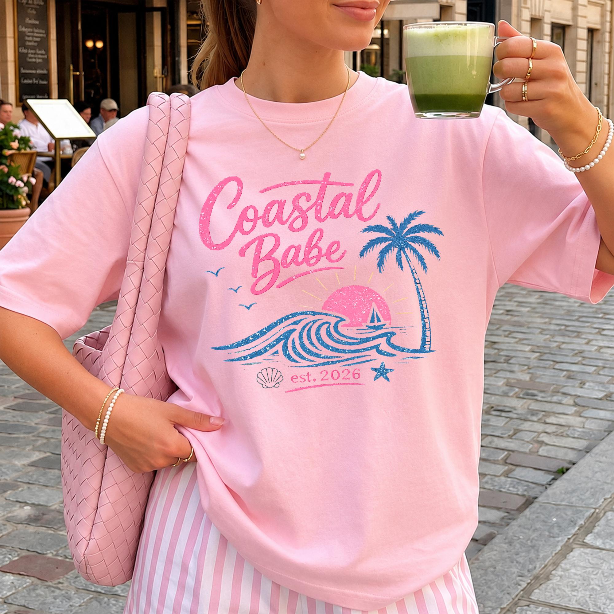 Coastal Babe Beach Graphic T-Shirt, Women's Crew Neck Lightweight Oversized Cotton Top, Trending Preppy Y2K Aesthetic Summer Vacation Outfits, Vintage Viral TikTok Fashion Shirt, Casual Daily Essential Tee est 2026 2