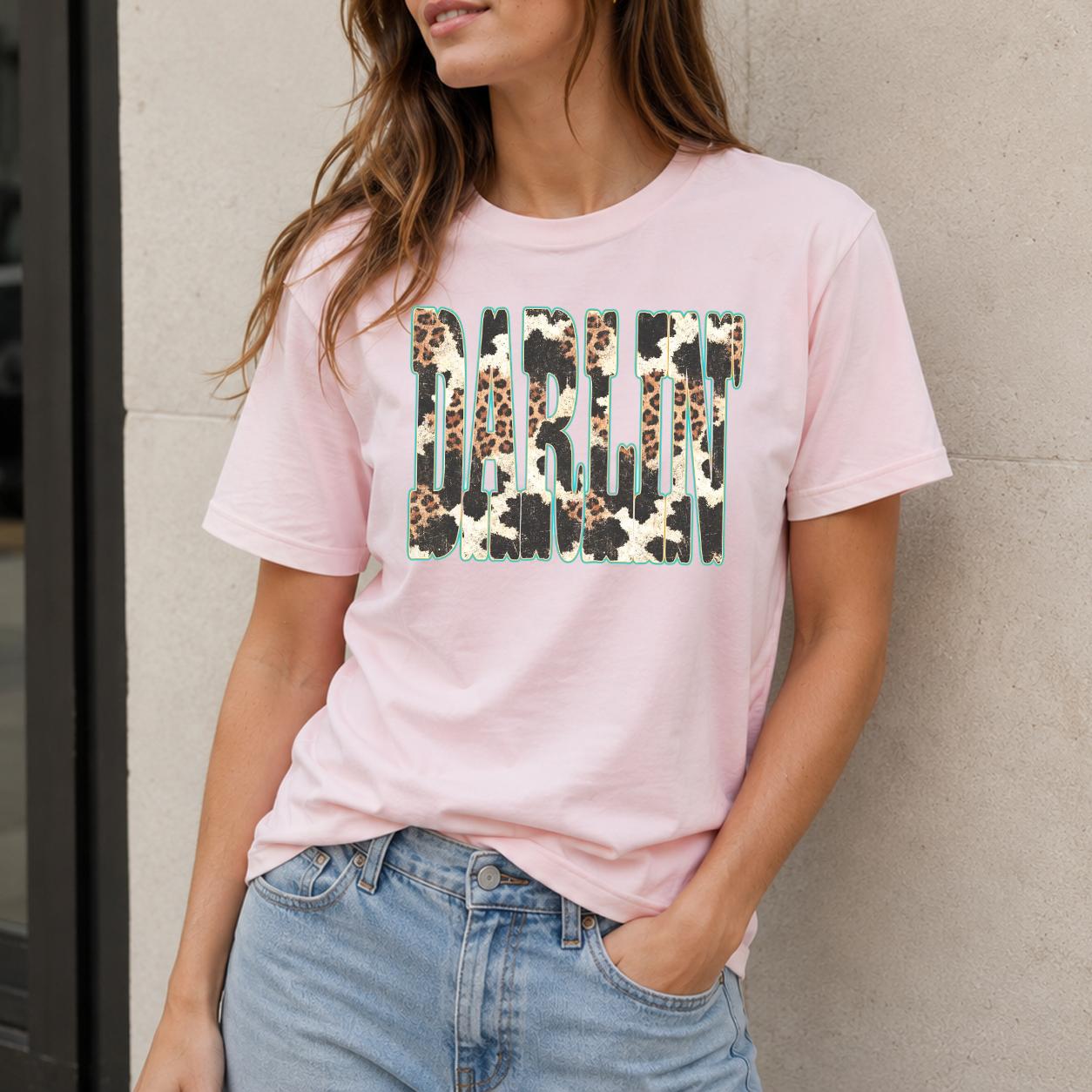 Women's Darlin Graphic Short Sleeve T-Shirt Ladies Western Cowgirl Casual Loose Top Retro Rodeo Aesthetic Cream Yellow Cotton Blend Tee Leopard Cow Print Darlin Shirt Summer Country Music Concert Outfit 4